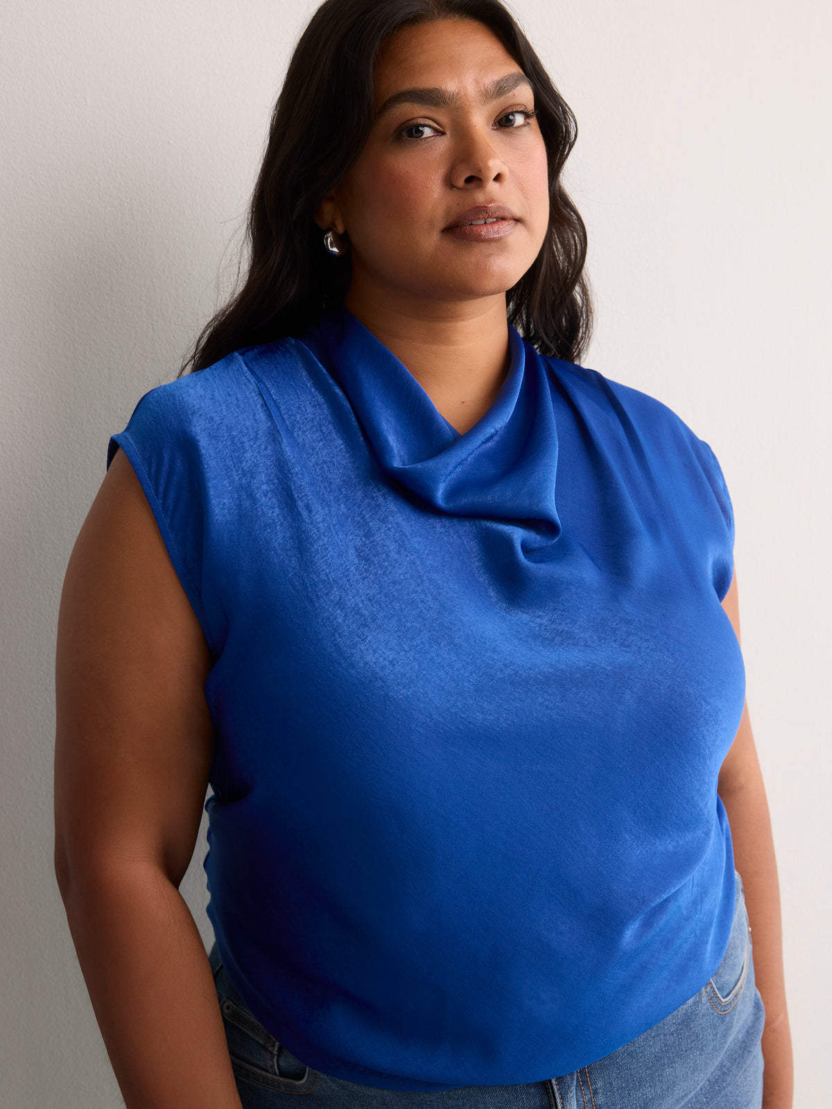 Straight-Fit Draped Cowl-Neck Satin Blouse