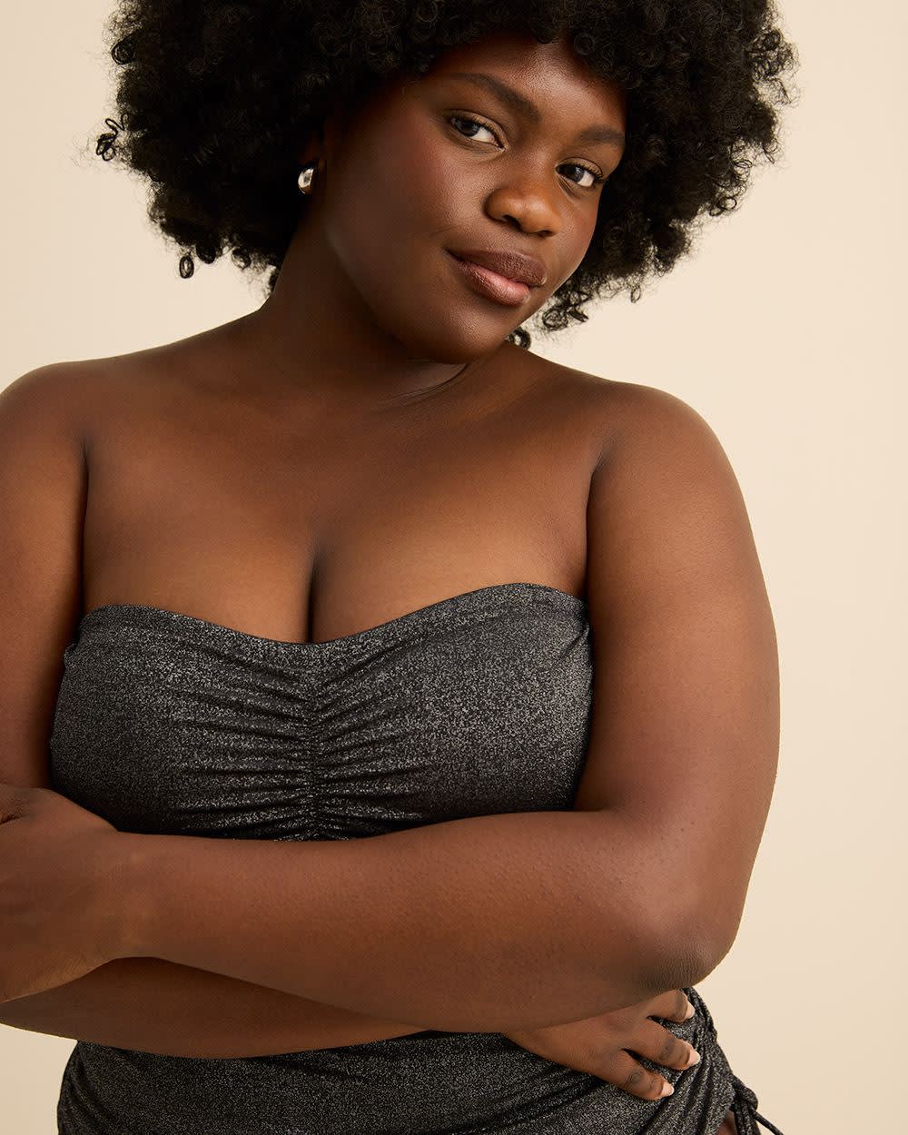 Short Shimmering Black Rushed Tube Tankini Top