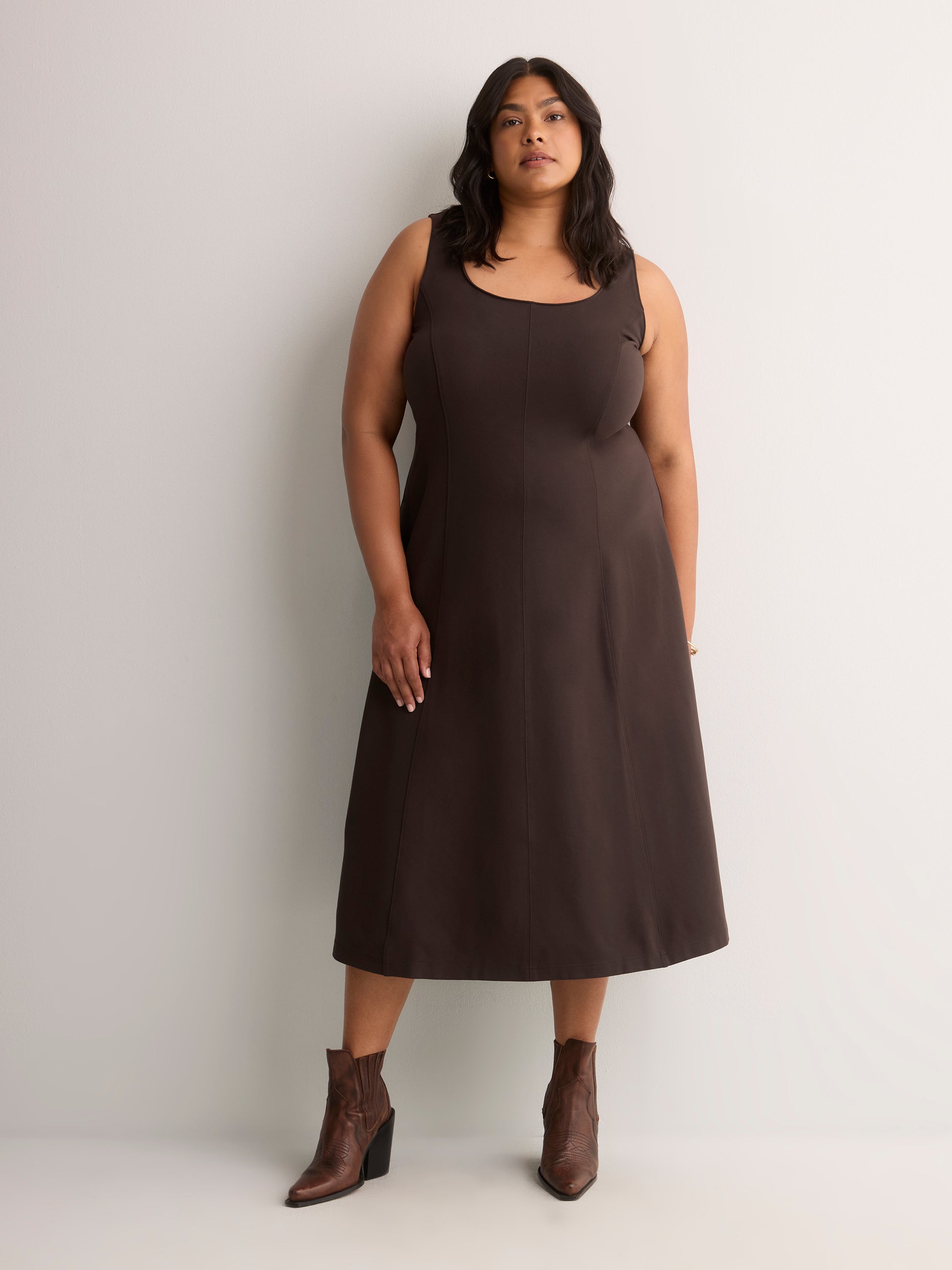 Brown Sleeveless Square-Neck Midi Dress - Addition Elle