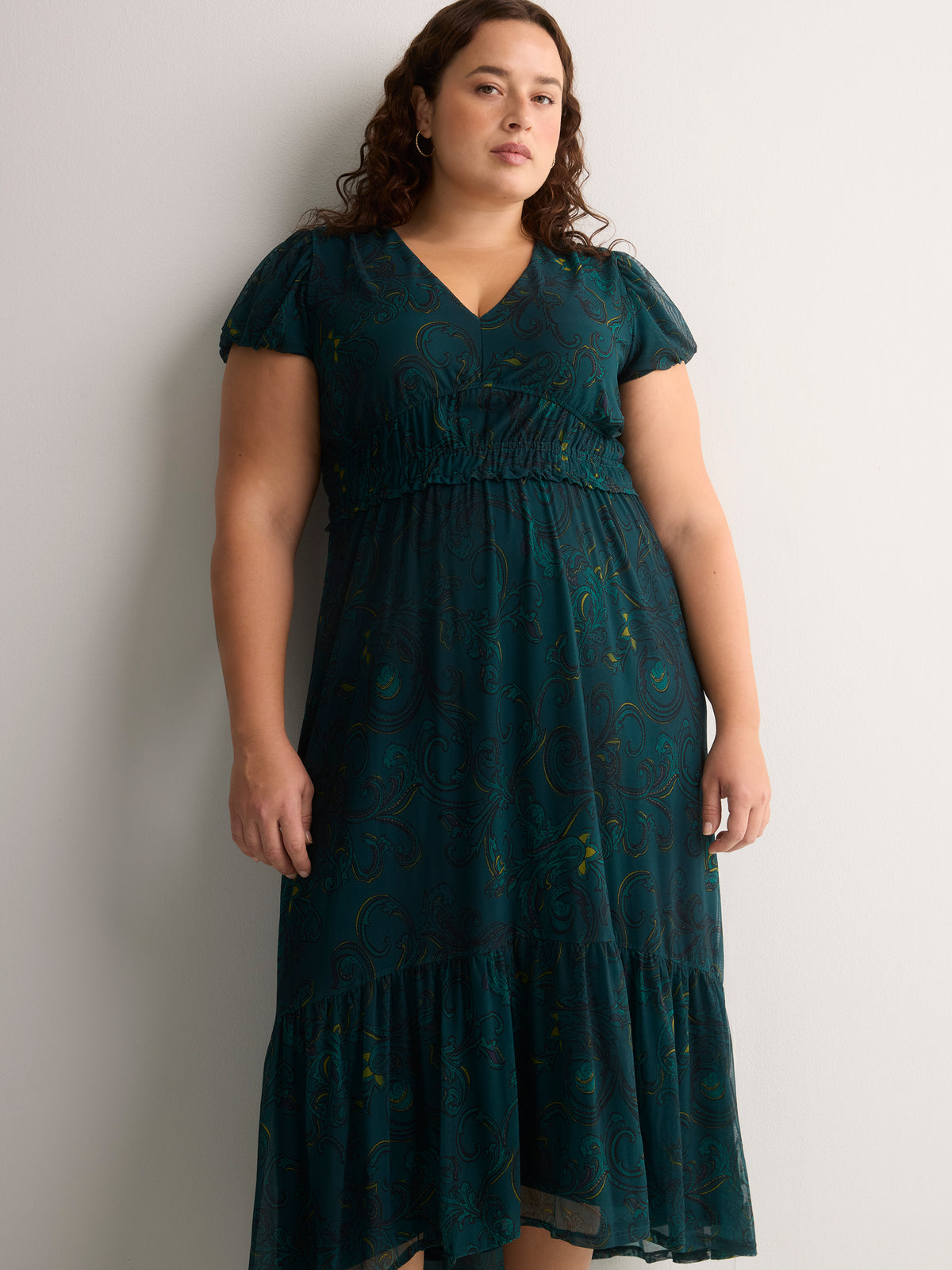 Green Printed V-Neck Maxi Sangria Dress