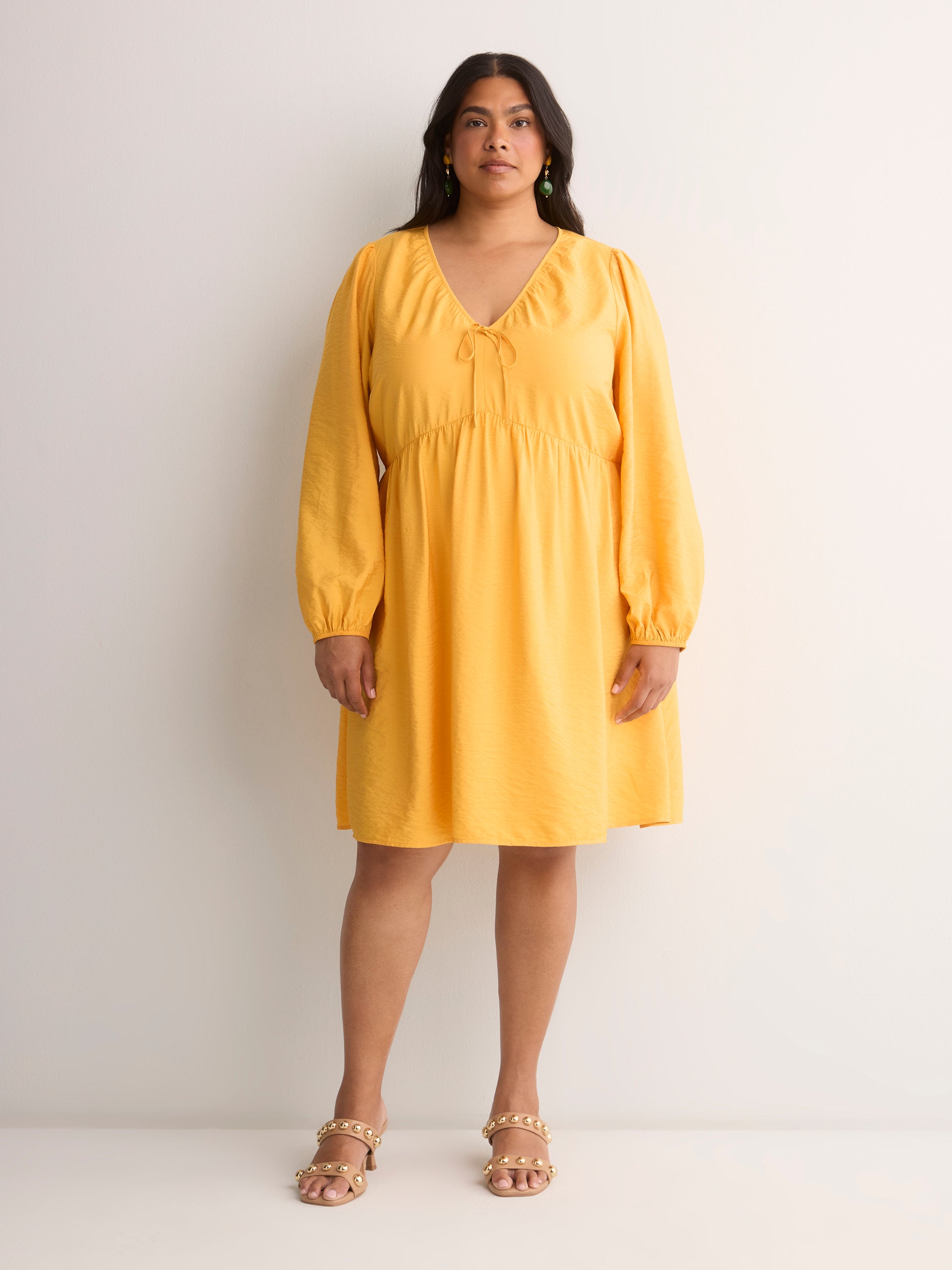 V-Neck Long Balloon Sleeve Empire Waist Dress