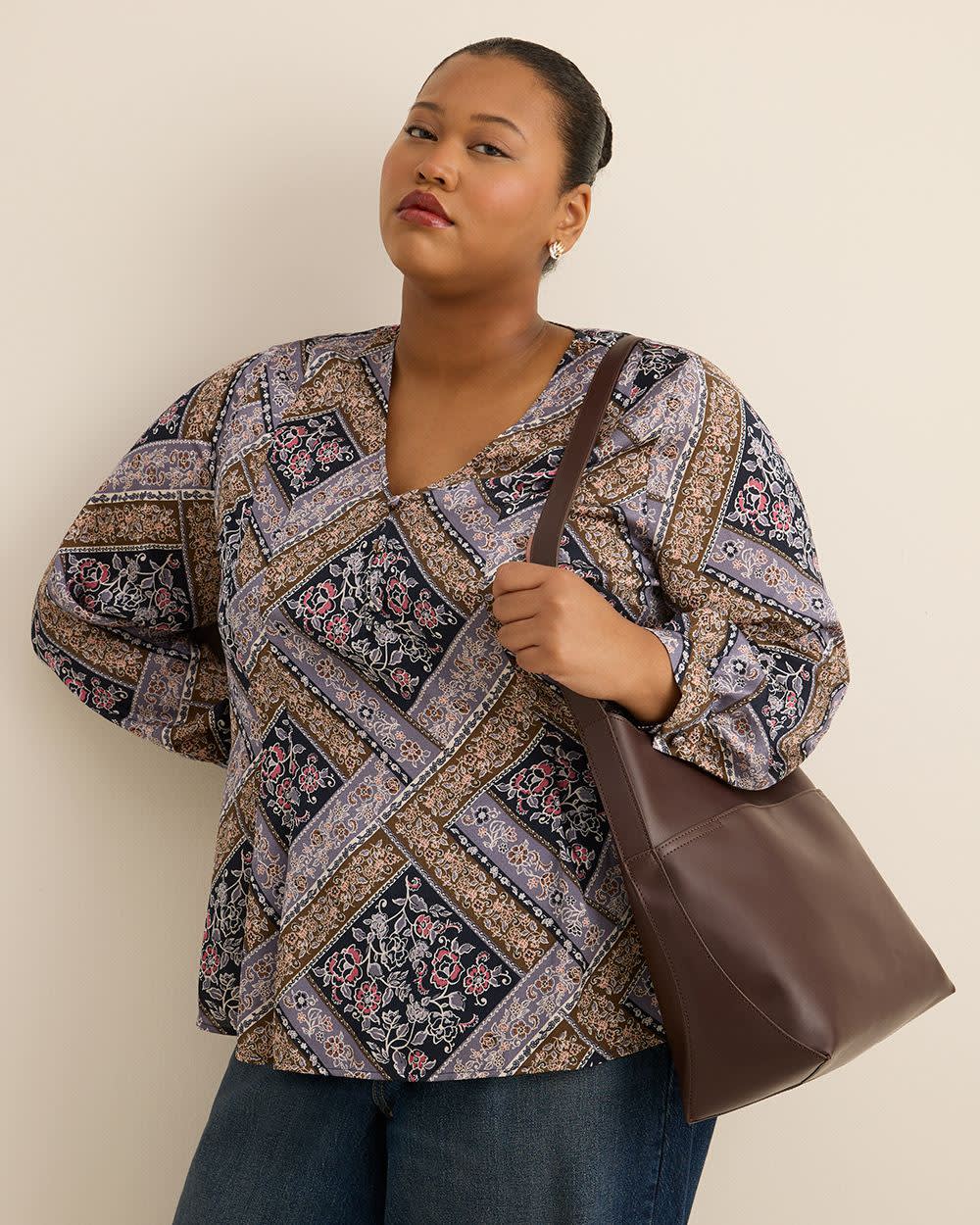 Blouse plissée évasée à manches longues avec motif courtepointe