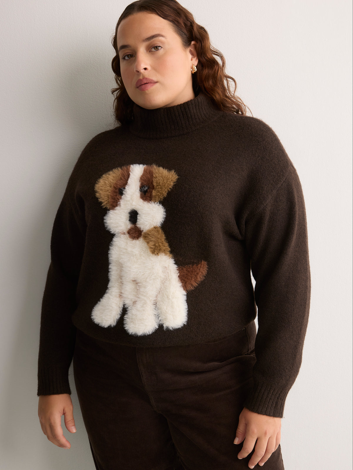 Loose-Fit Mock-Neck Hairy Cat Print Sweater