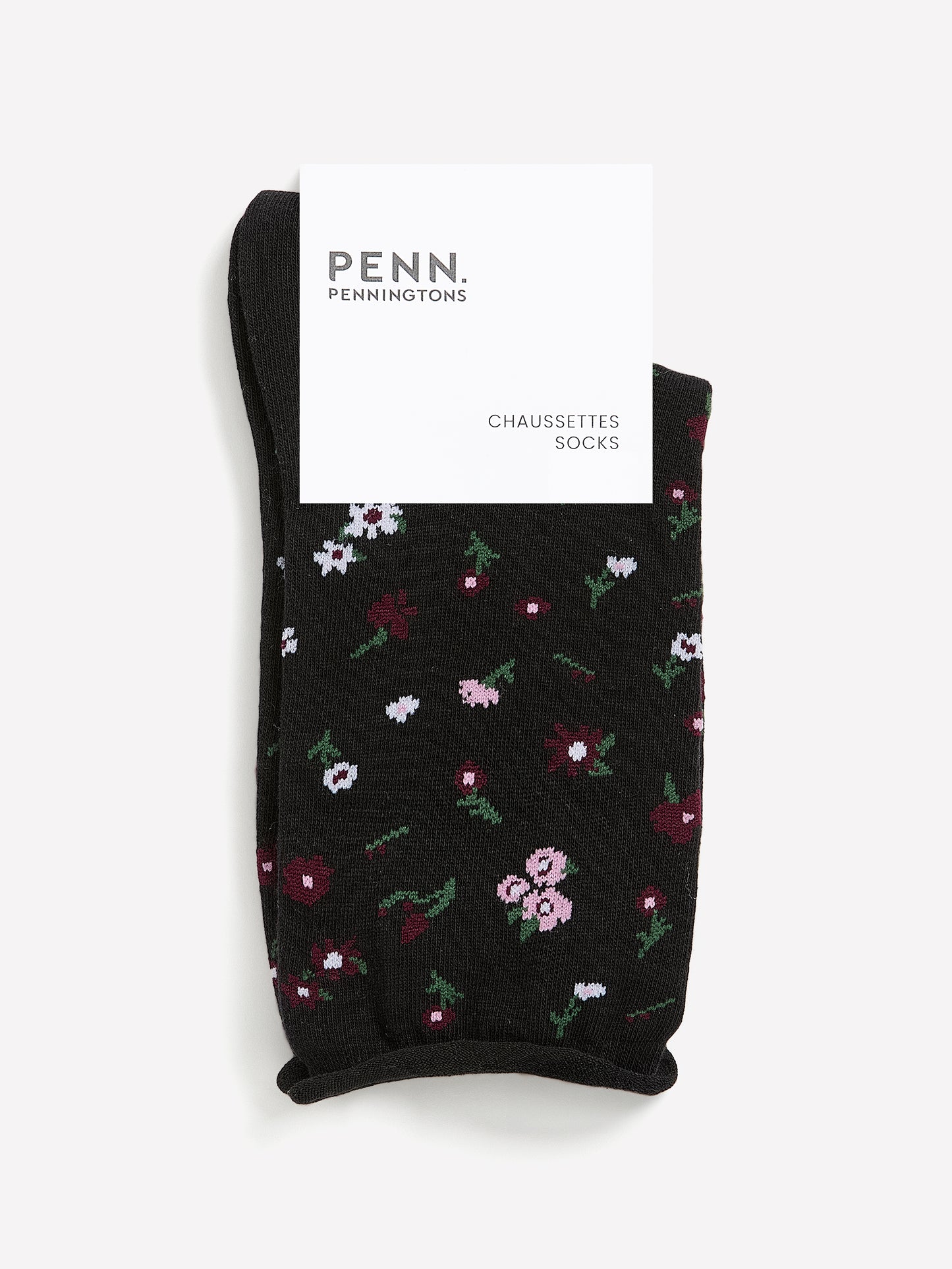 Black Rolled-Edge Crew Socks with Floral Print
