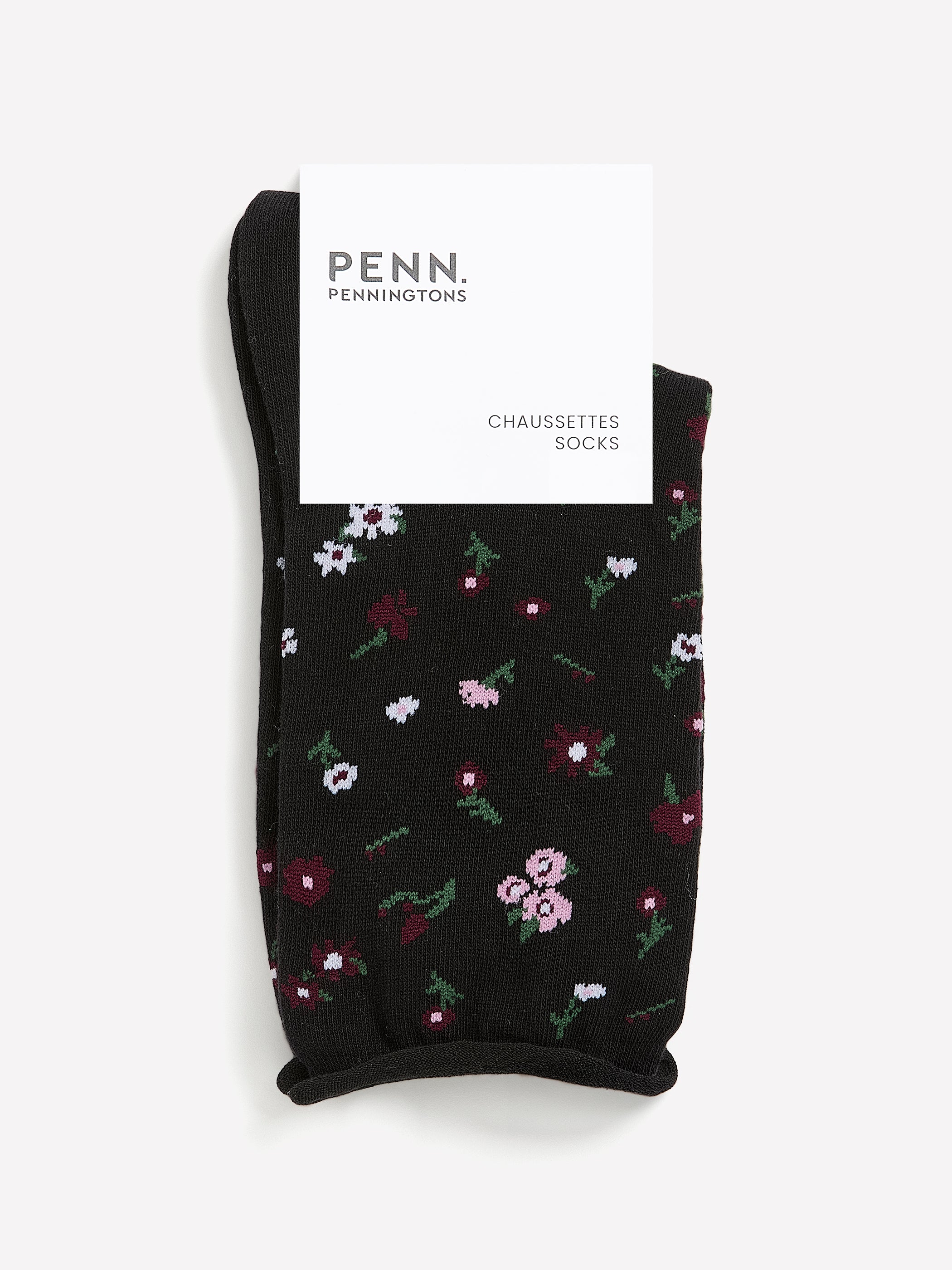 Black Rolled-Edge Crew Socks with Floral Print