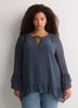 Split-Neck Long Flounce Sleeve Asymmetrical Blouse