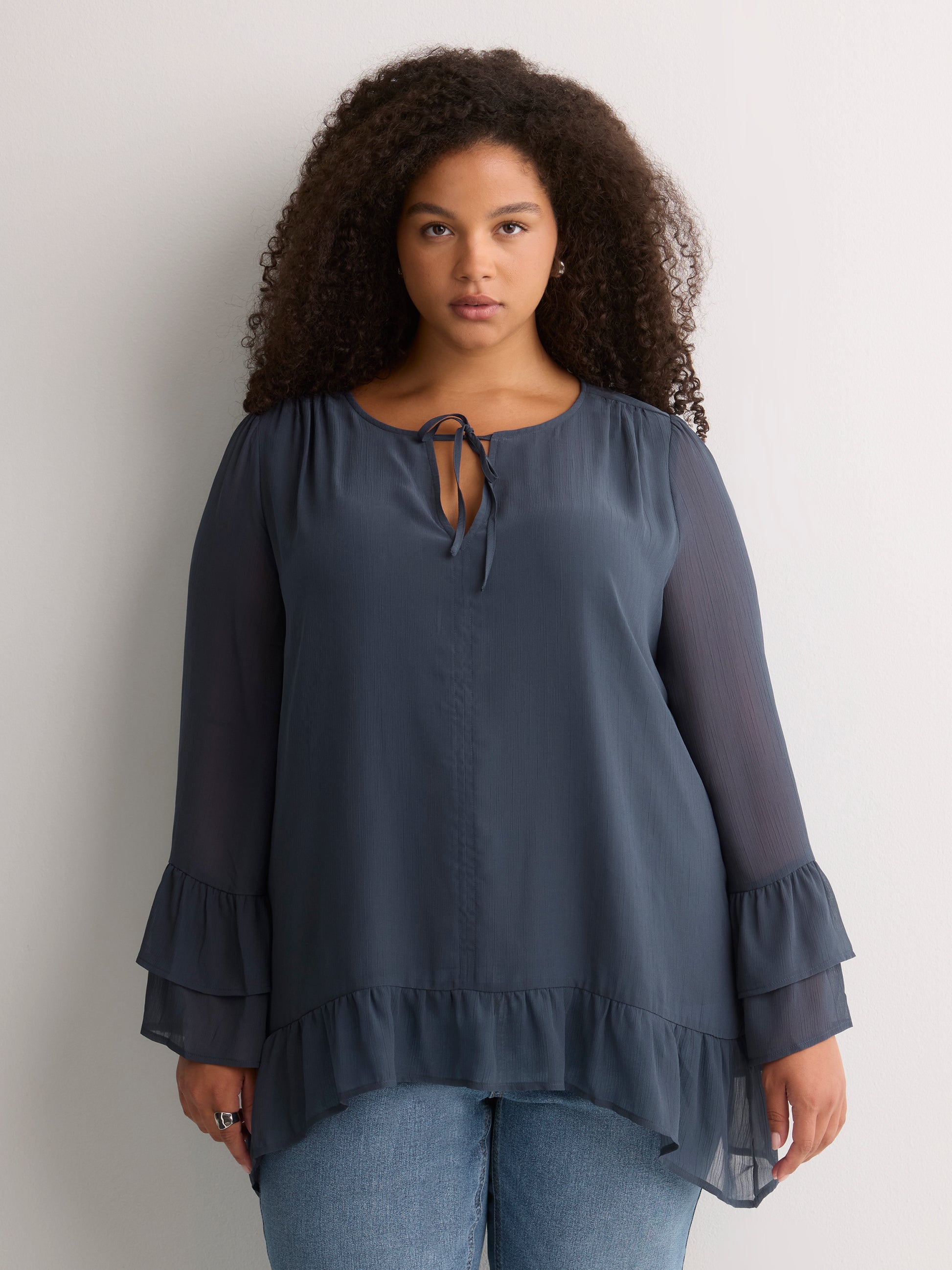Split-Neck Long Flounce Sleeve Asymmetrical Blouse