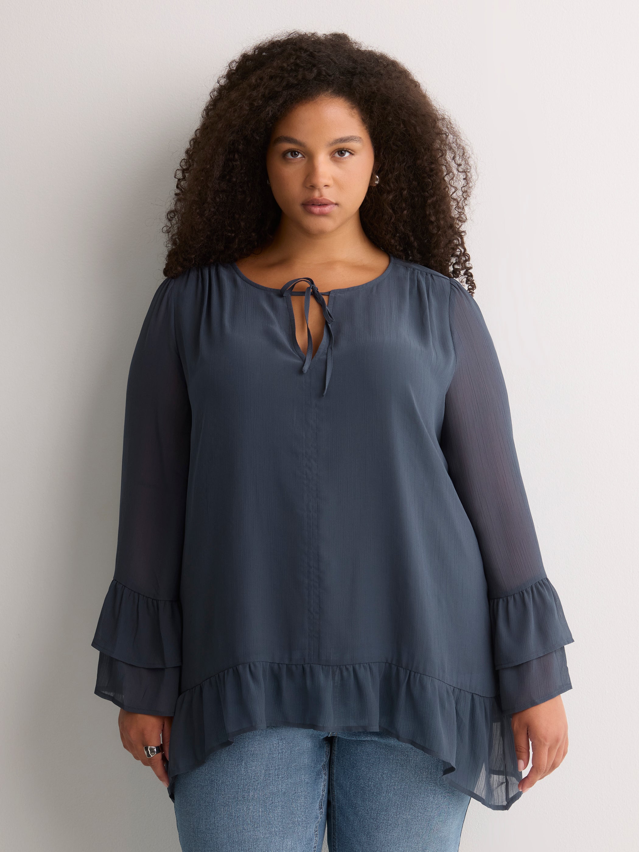 Split-Neck Long Flounce Sleeve Asymmetrical Blouse