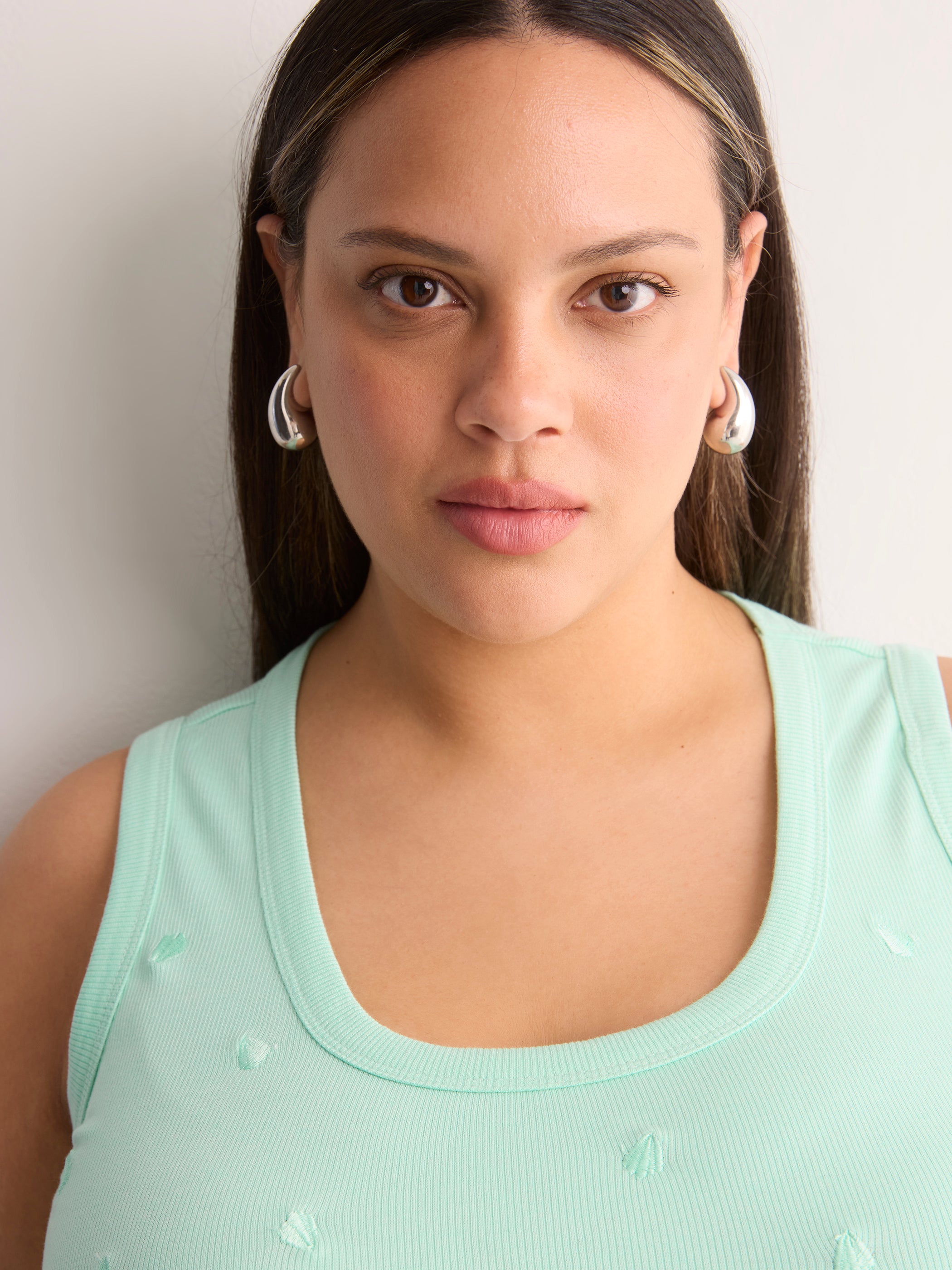 Scoop-Neck Embroidered Ribbed Knit Fitted Tank Top