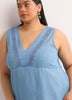 Denim Sleeveless V-Neck Swing Dress with Crochet Tape