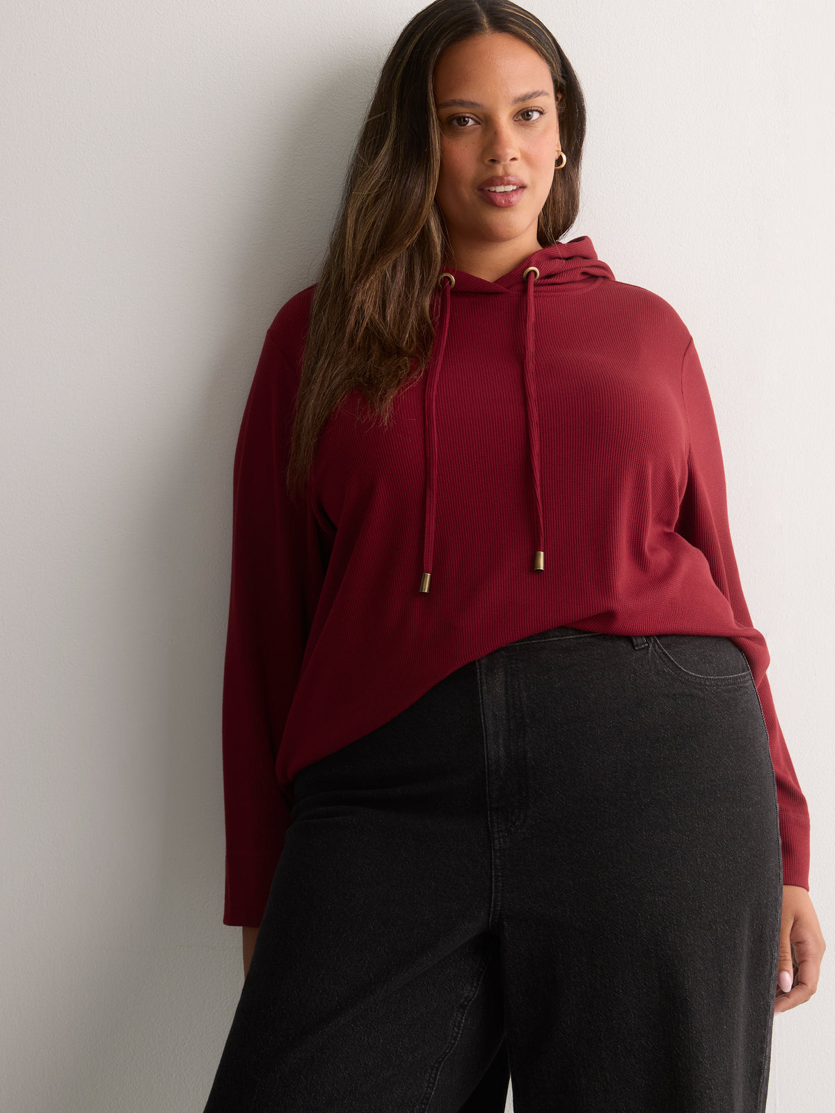 Long Straight Waffle Knit Hoodie