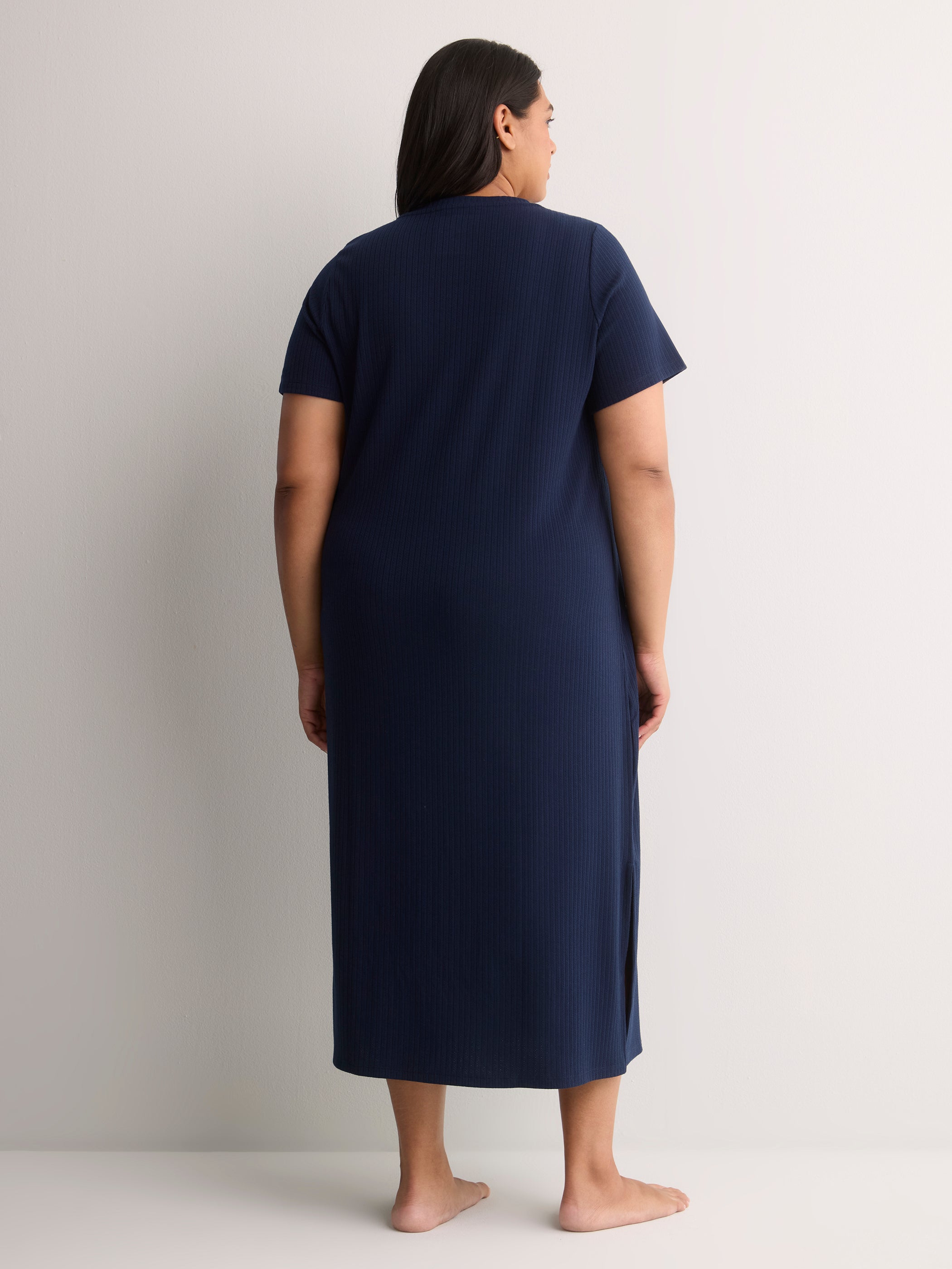 Blue Ribbed Long Short-Sleeve Sleepshirt - tiVOGLIO