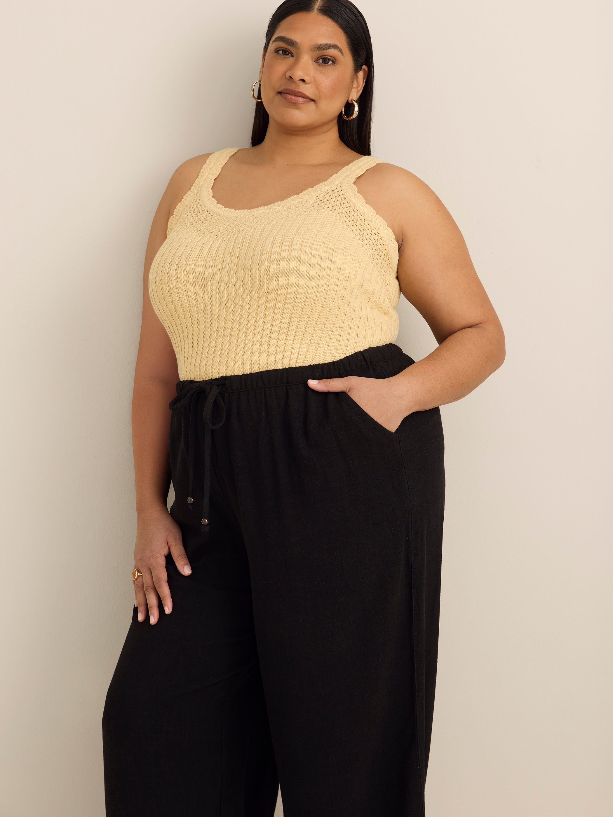 Linen-Blend Wide-Leg Crop Pant with Drawstring at Waistband