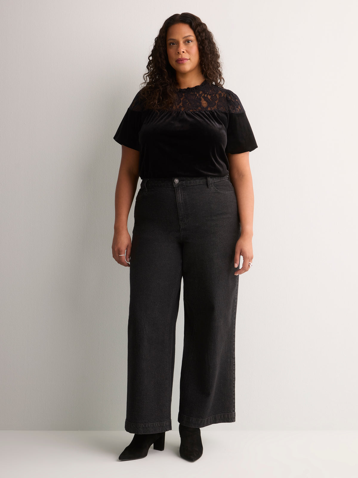 Black Velour Elbow-Sleeve A-Line Blouse with Lace