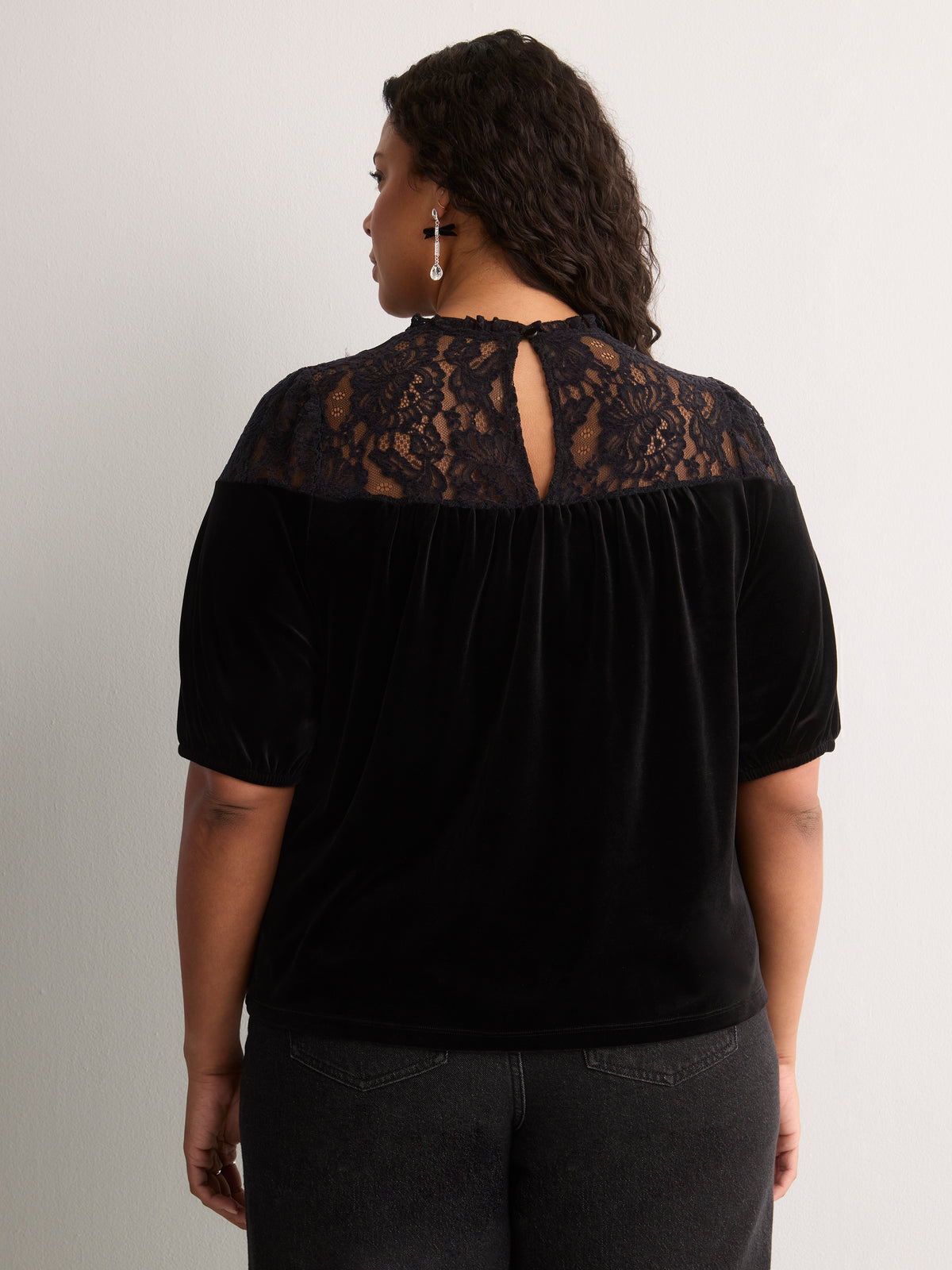 Black Velour Elbow-Sleeve A-Line Blouse with Lace
