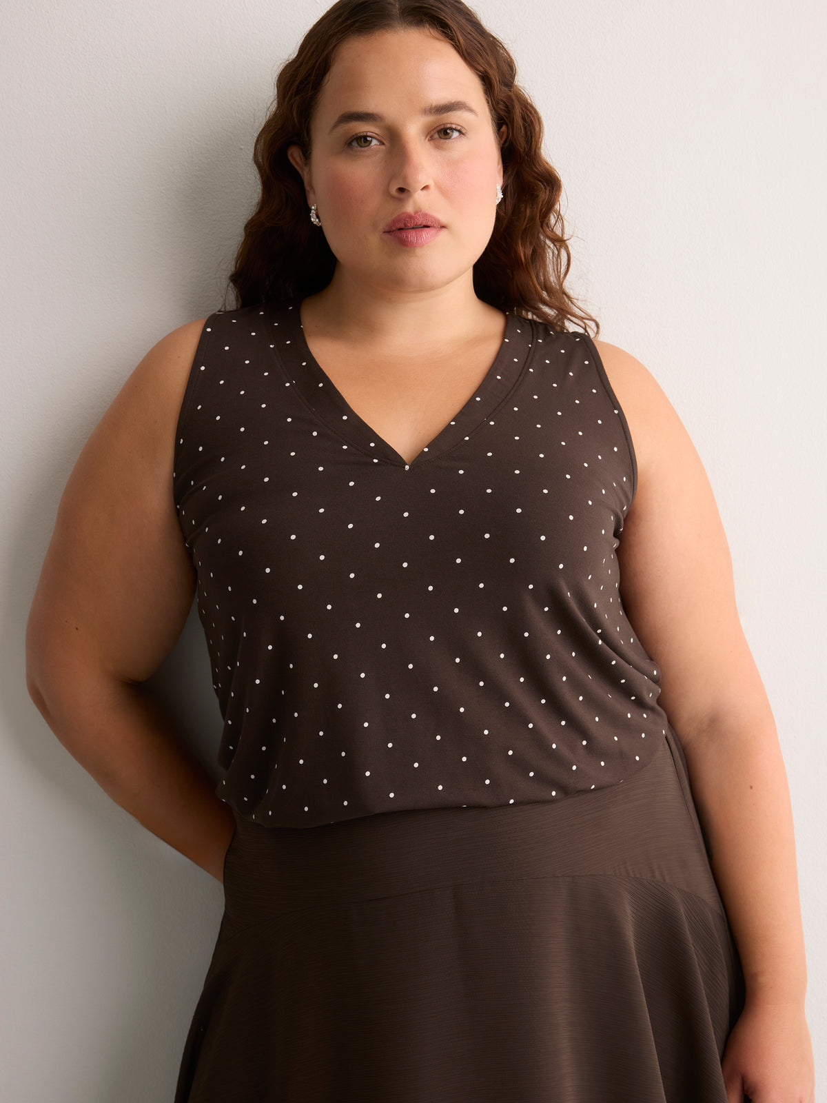 Responsible, Brown Dotted Sleeveless V-Neck Swing Top