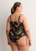 Black Floral Shirred V-Neck Tankini Top