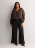 Brown Floral Ruffled V-Neck Pintuck Swing Blouse
