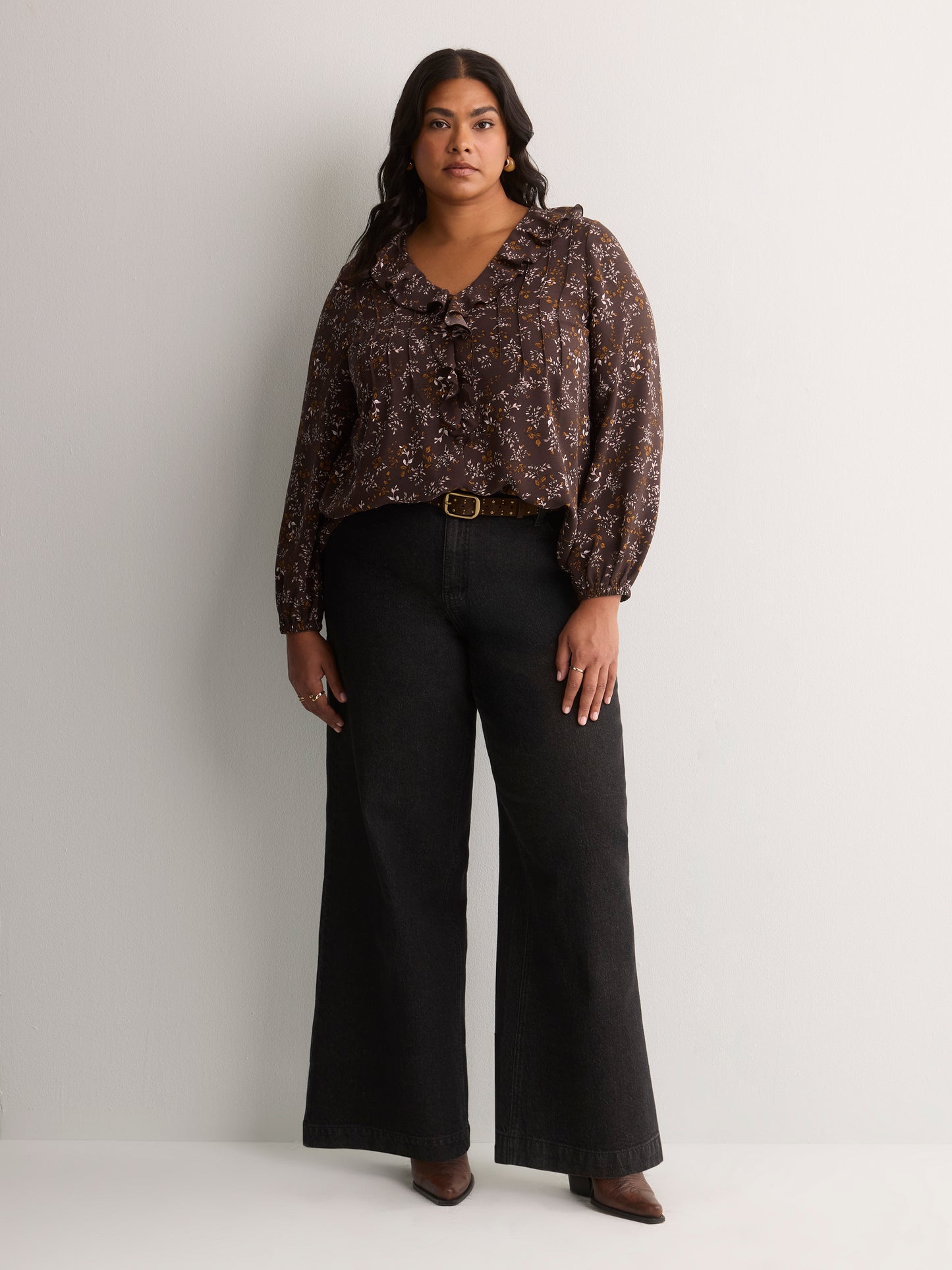 Brown Floral Ruffled V-Neck Pintuck Swing Blouse
