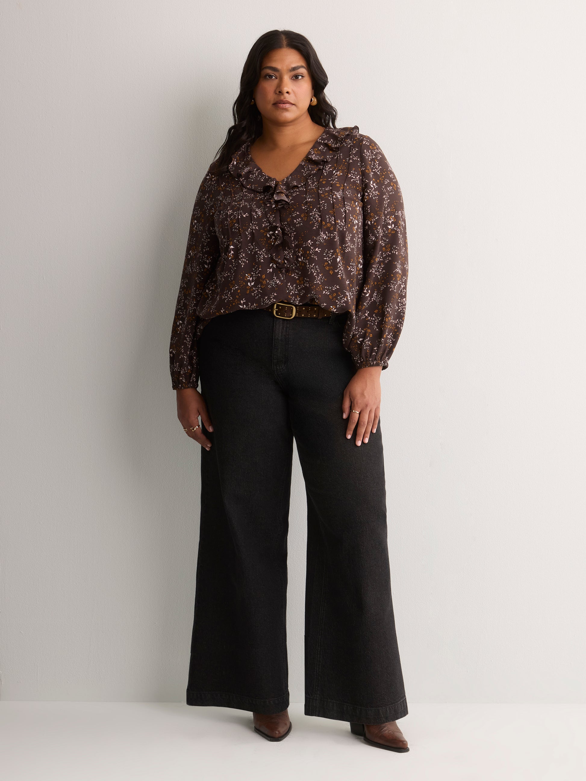 Brown Floral Ruffled V-Neck Pintuck Swing Blouse