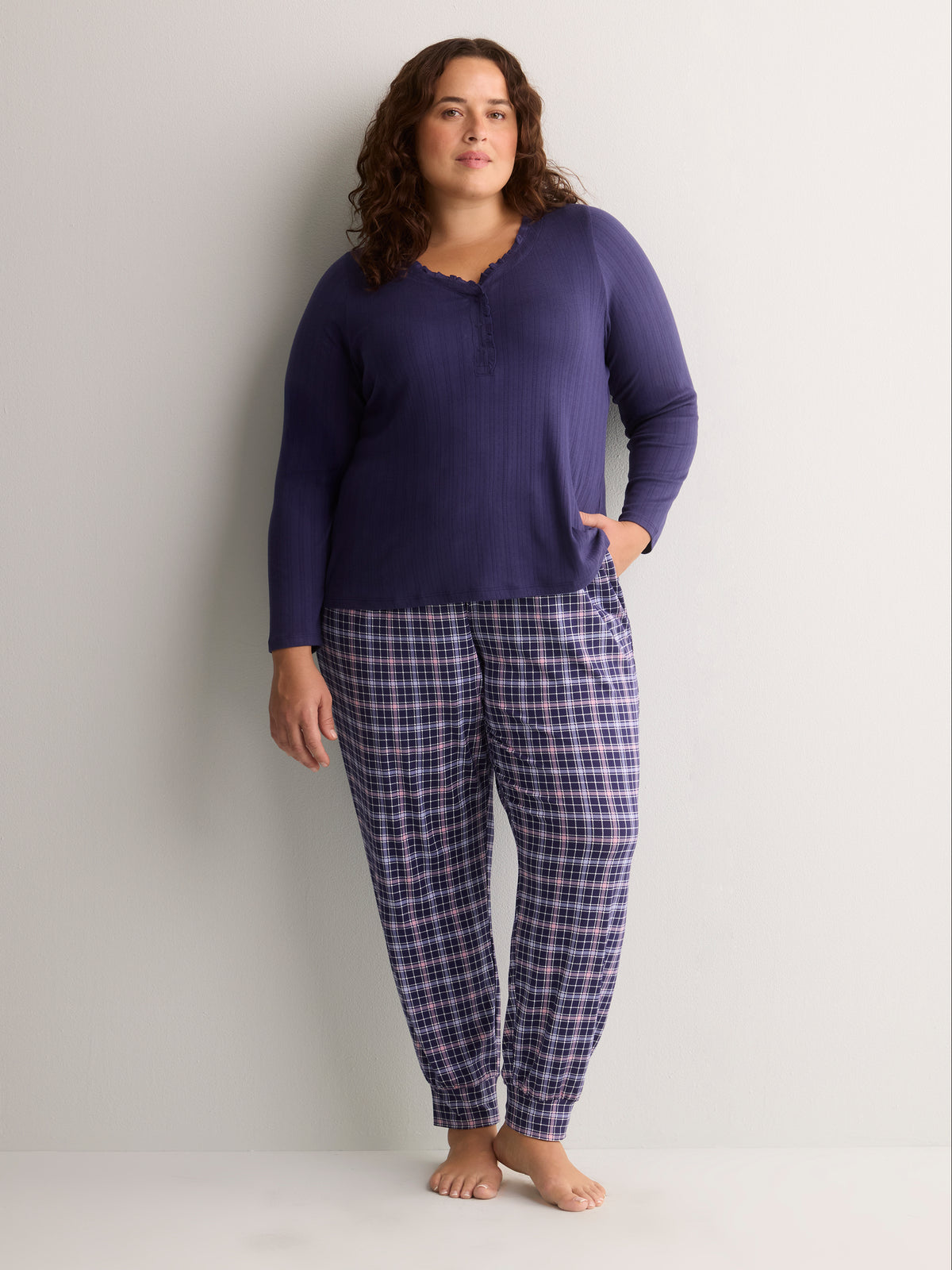 Blue Plaid Brushed Knit Jogger Pant - tiVOGLIO