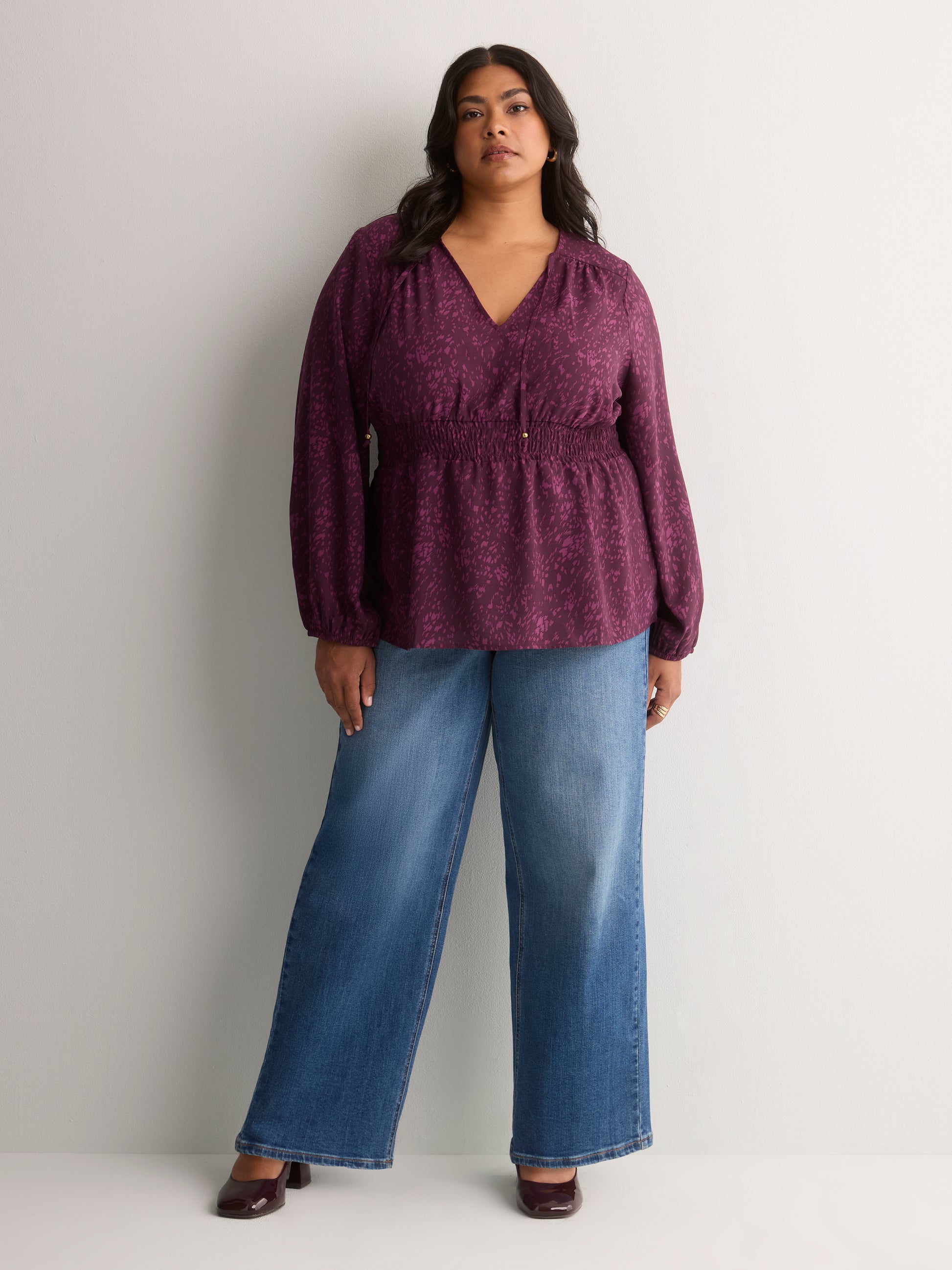 V-Neck Long-Sleeve Elastic-Waist Woven Blouse