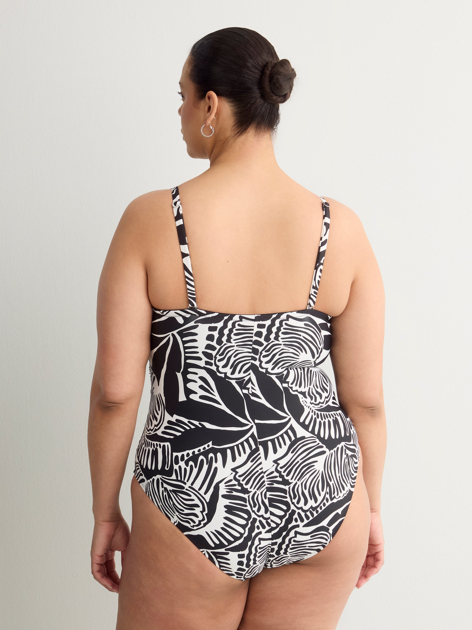 Black Foliage-Print Twisted Bandeau One-Piece Swimsuit