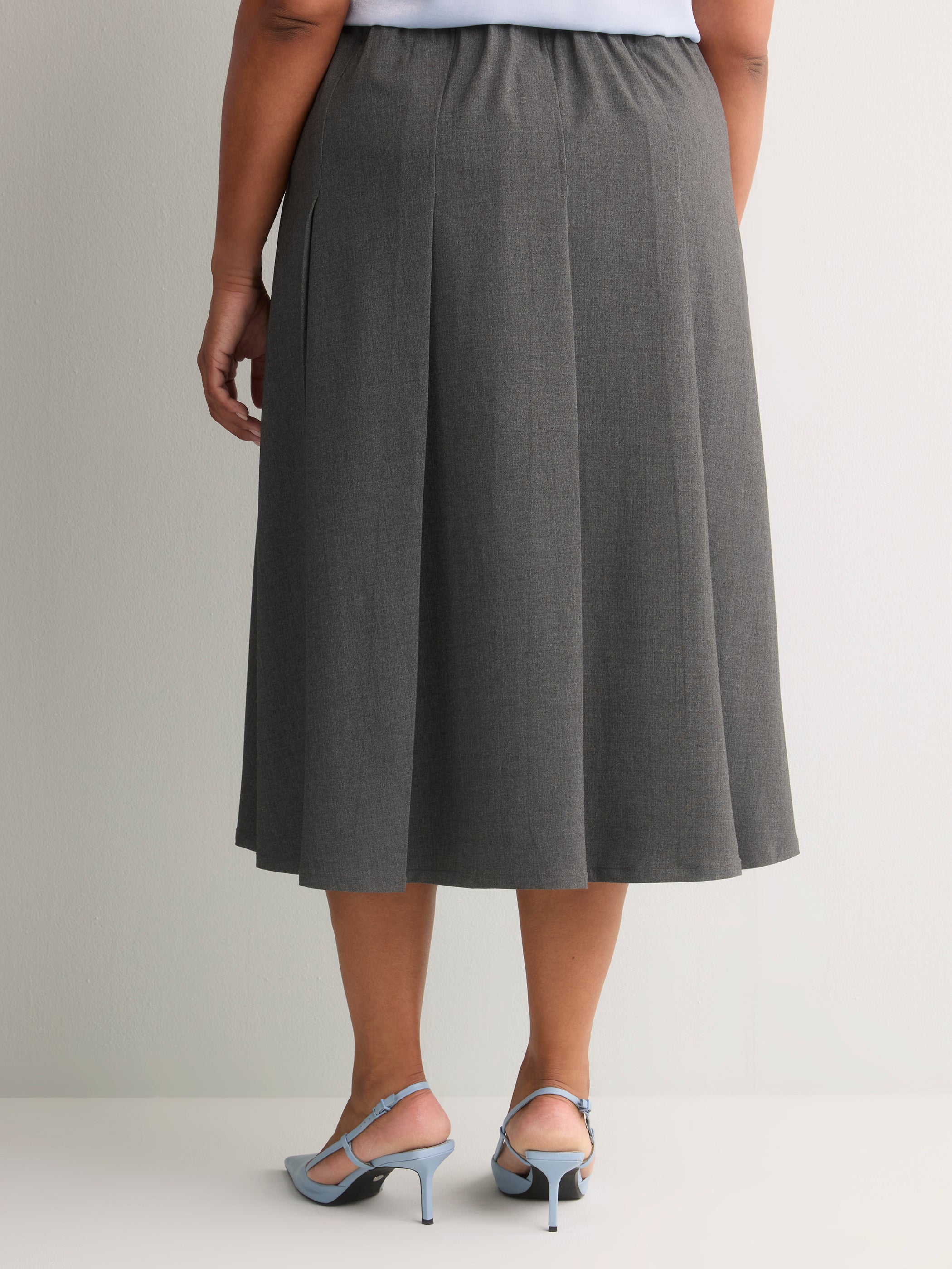 Grey Pleated Pull-On Midi Skirt