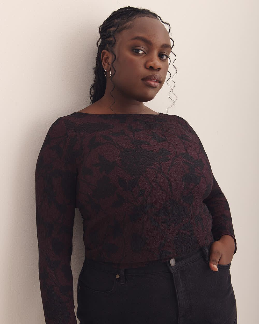 Boat-Neck Knit Top with Lettuce-Edge Sleeves - Addition Elle