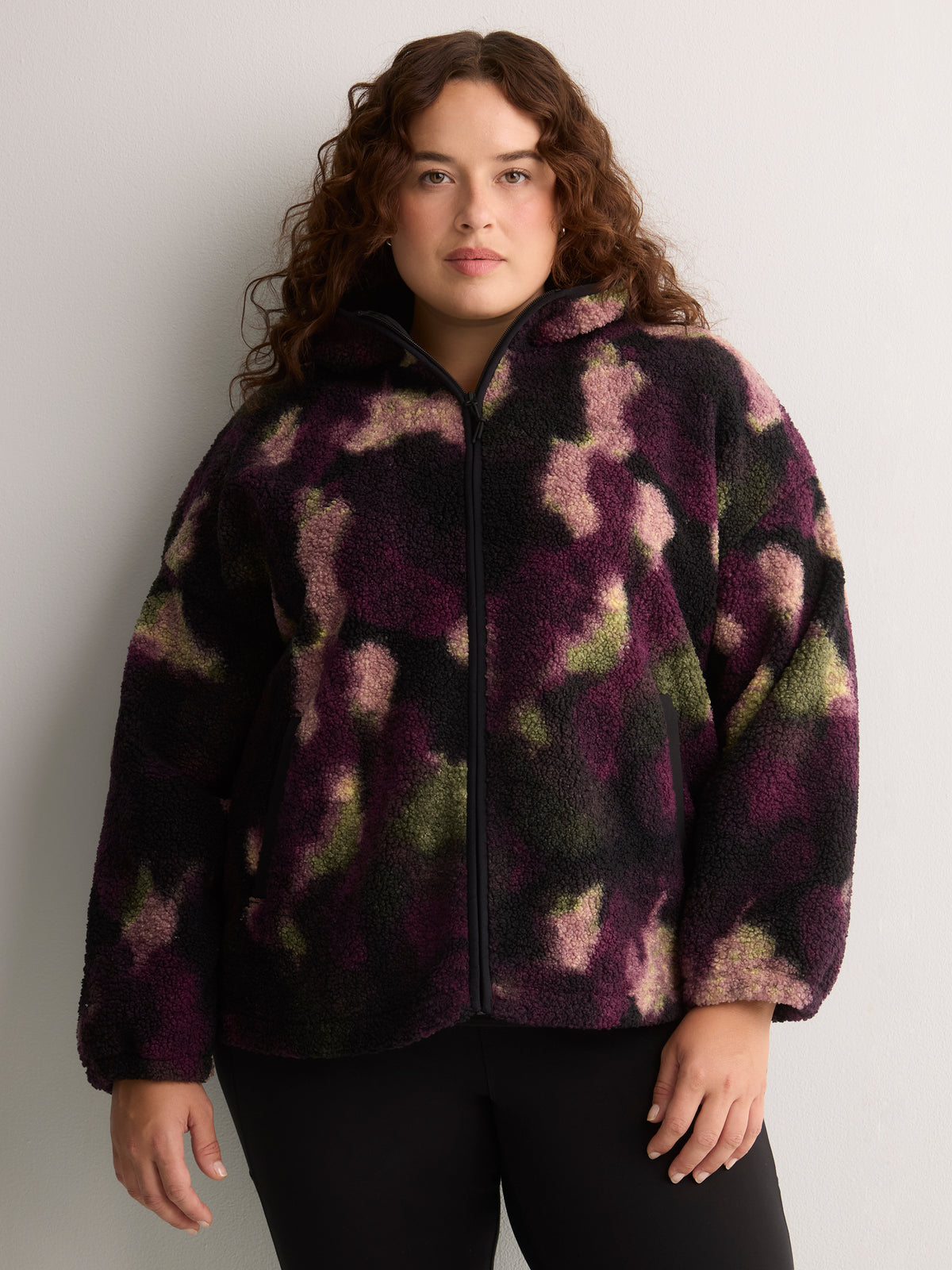 Hooded Printed Sherpa Zippered Jacket - Active Zone