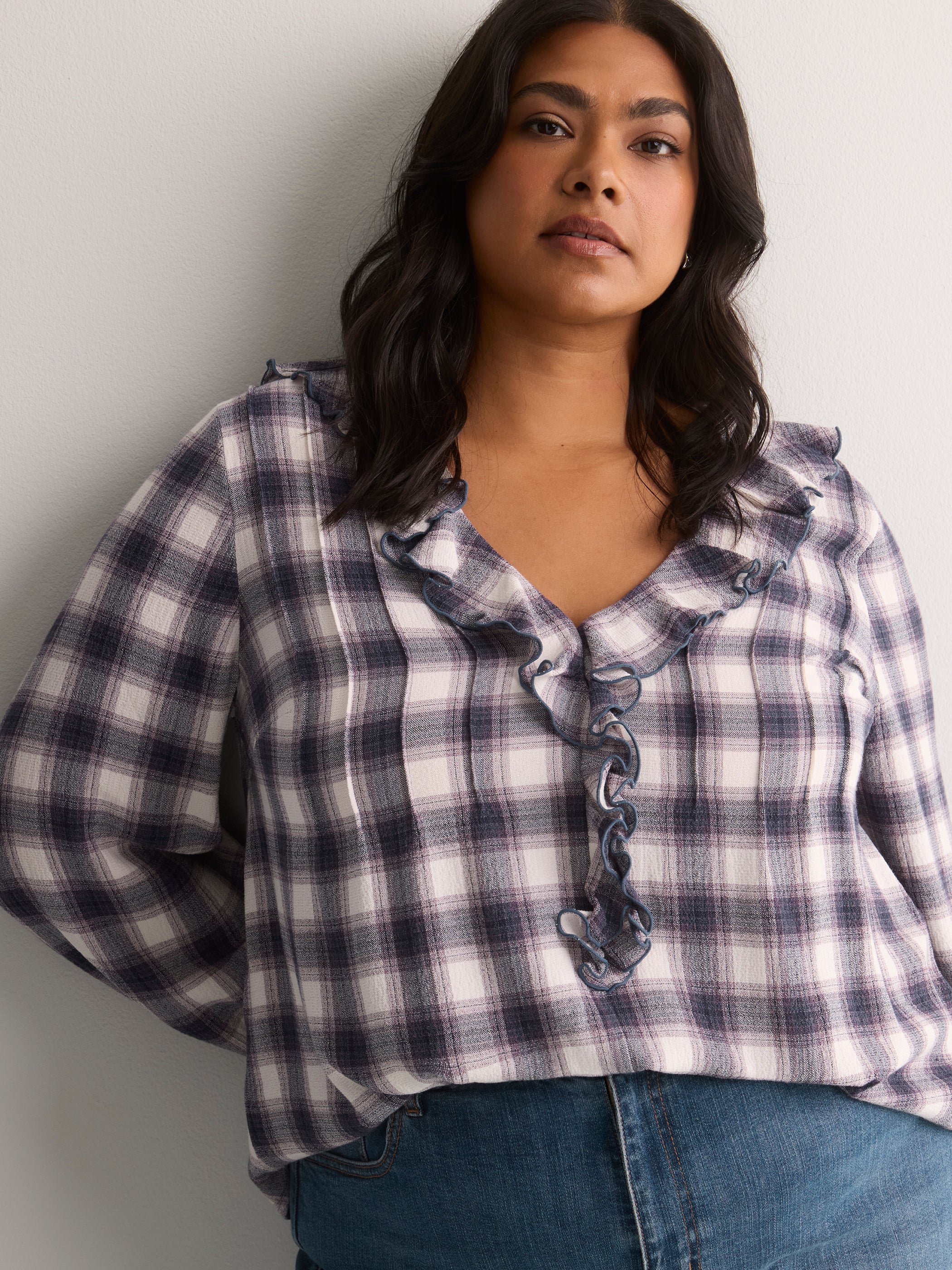 Plaid Ruffled V-Neck Pintuck Swing Blouse