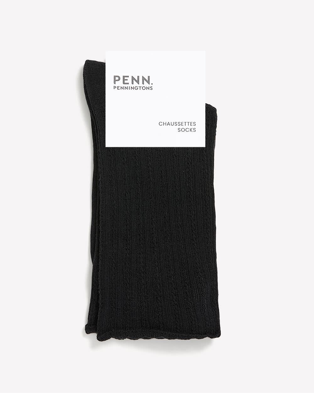 Black Textured Crew Socks with Scalloped Edge