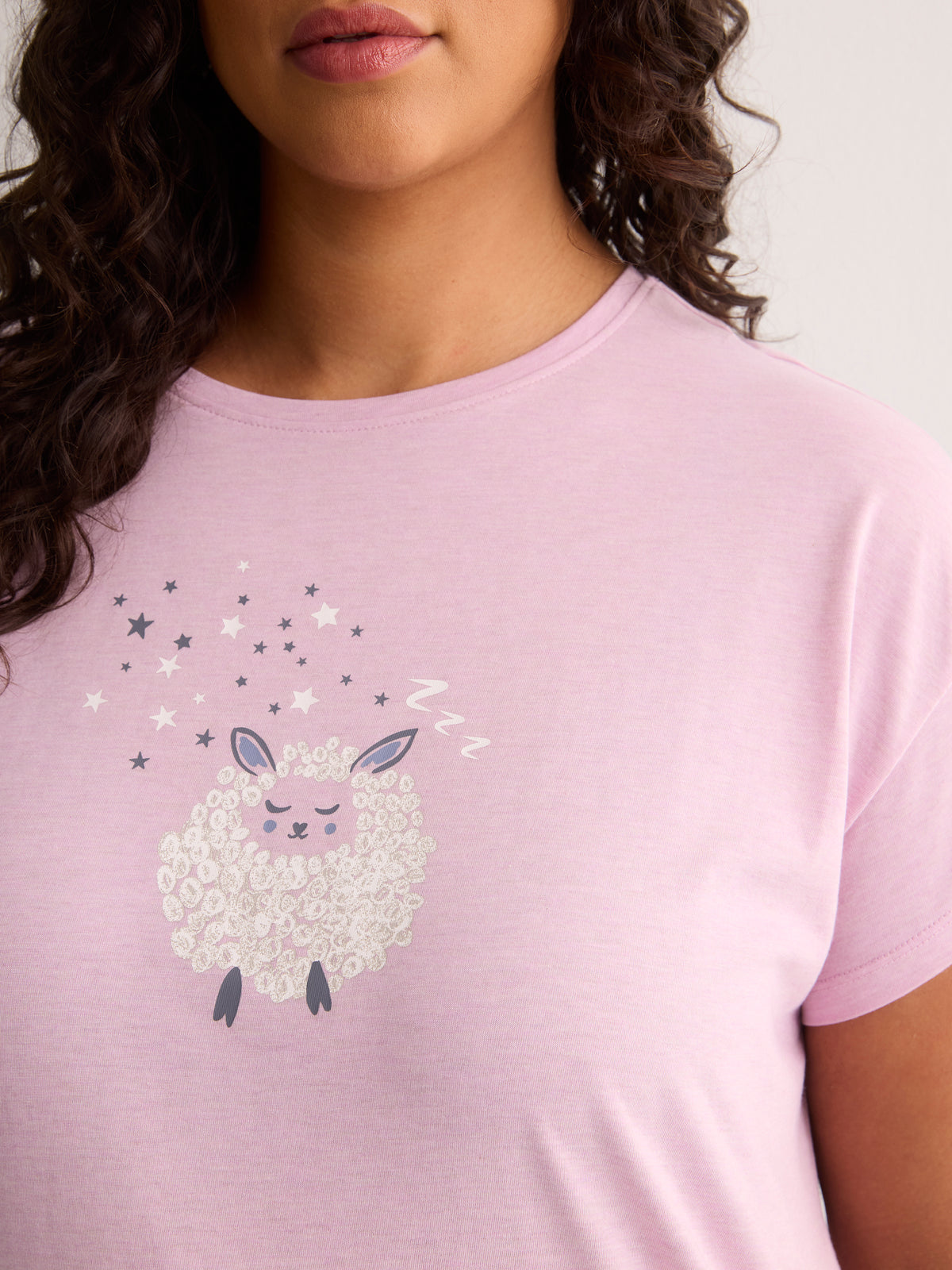 Pink Boxy-Fit Cotton Knit Pyjama Top with Sheep Chest Print - tiVOGLIO