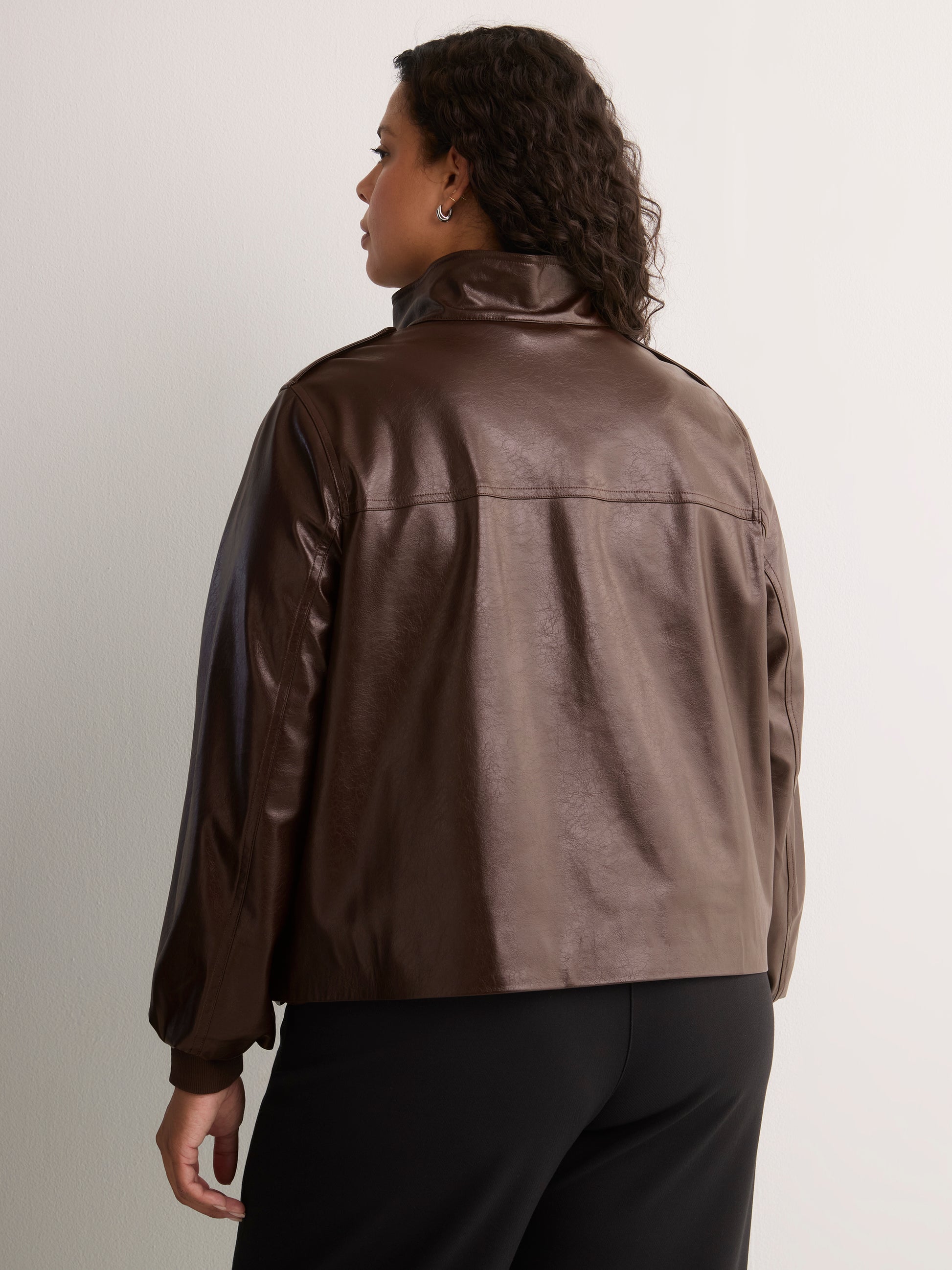 Brown Short Faux Leather Funnel-Neck Jacket