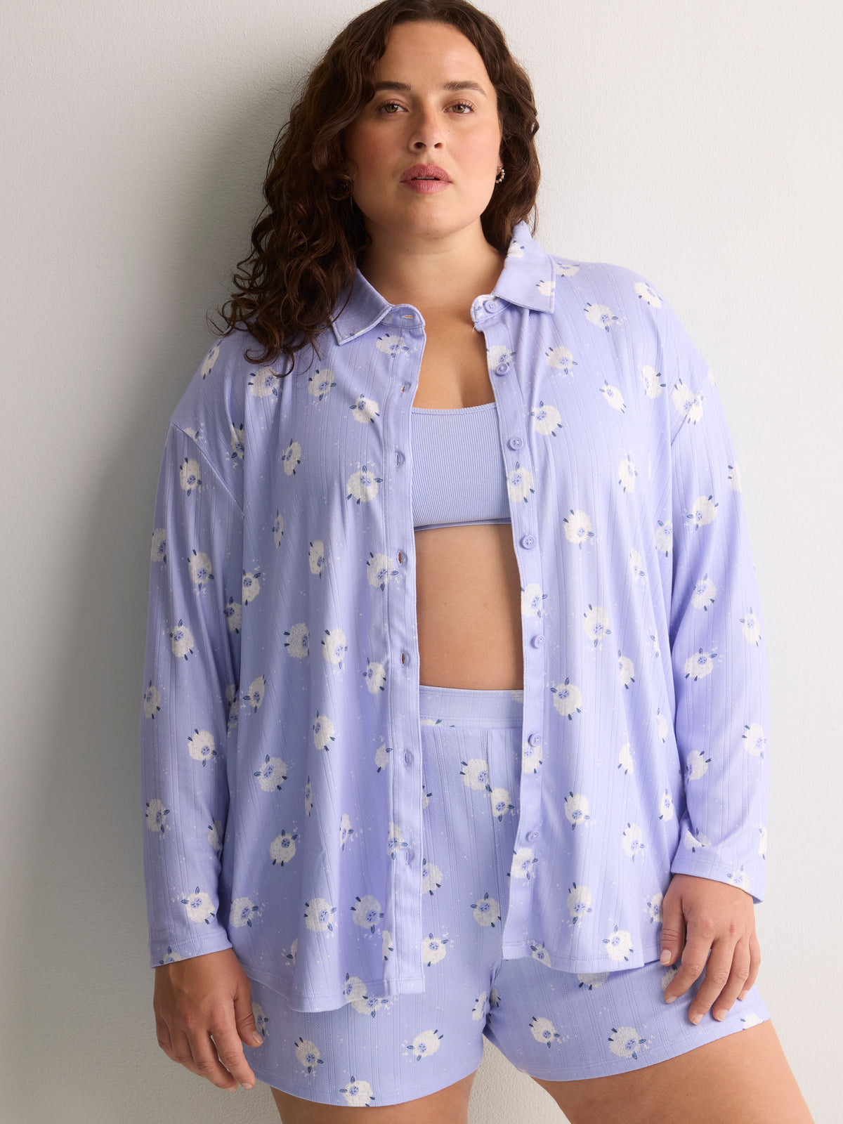 Sheep-Print Buttoned-Down Pointelle Pyjama Shirt - tiVOGLIO