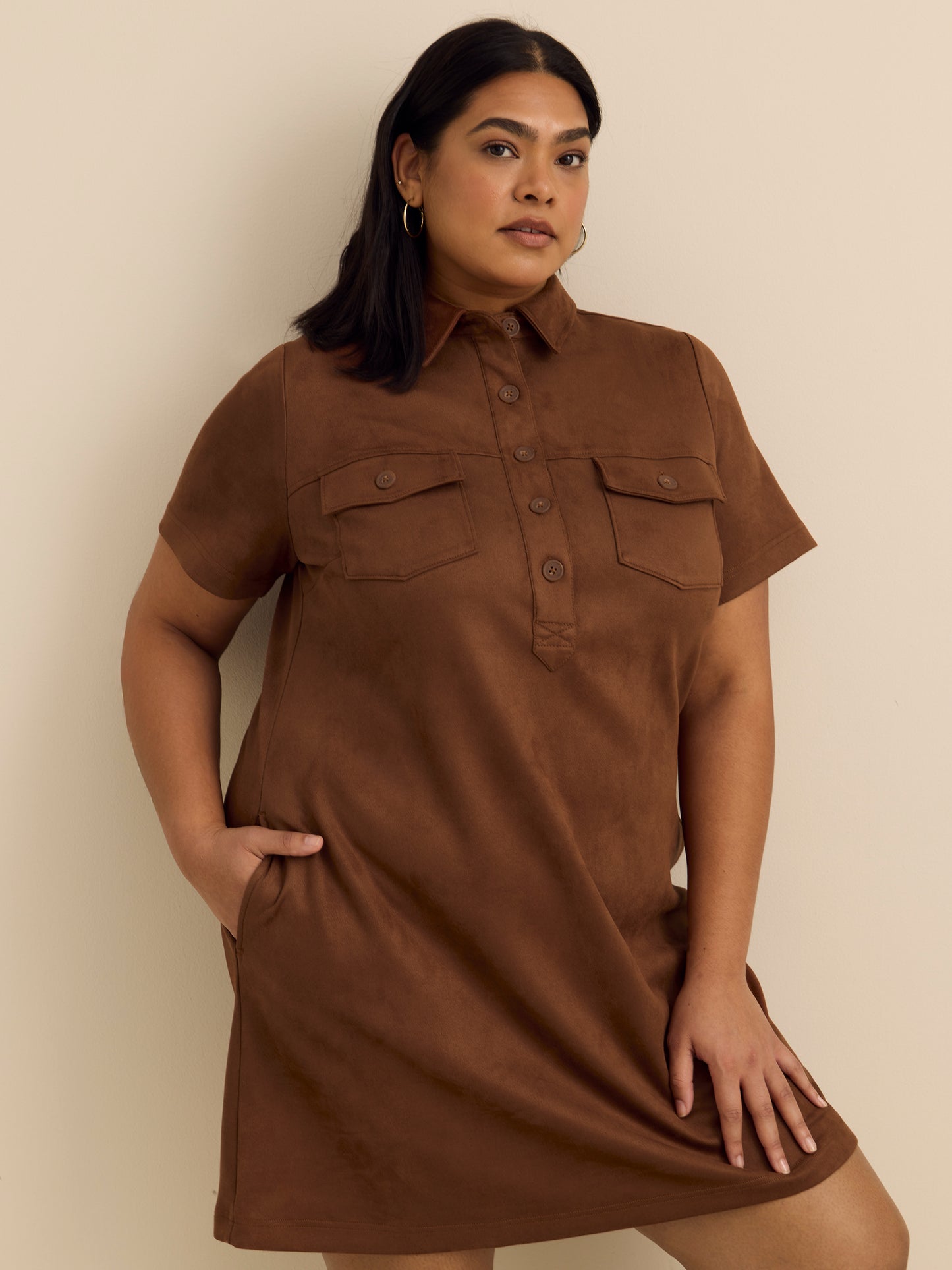 Faux Suede Shirt Dress with Pockets
