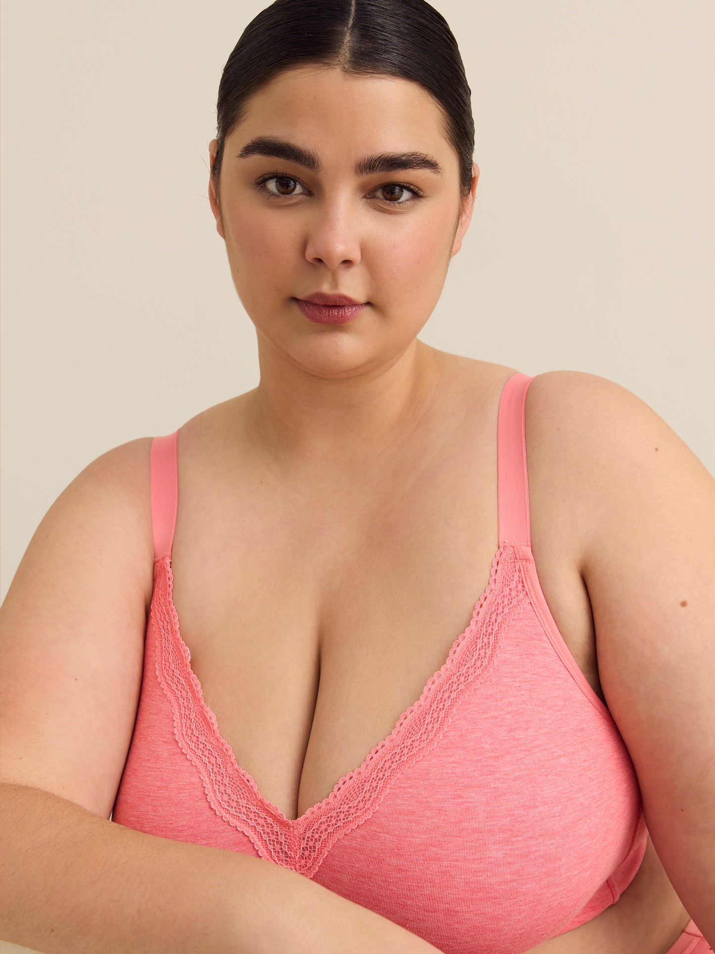 Soutien-gorge en coton rose chiné avec dentelle, sans armatures - ti Voglio