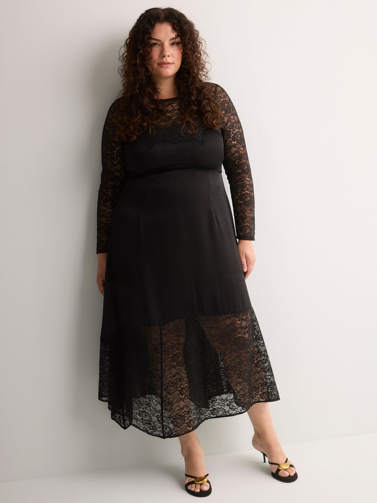 Black Crew-Neck Satin and Lace Maxi Dress - Addition Elle