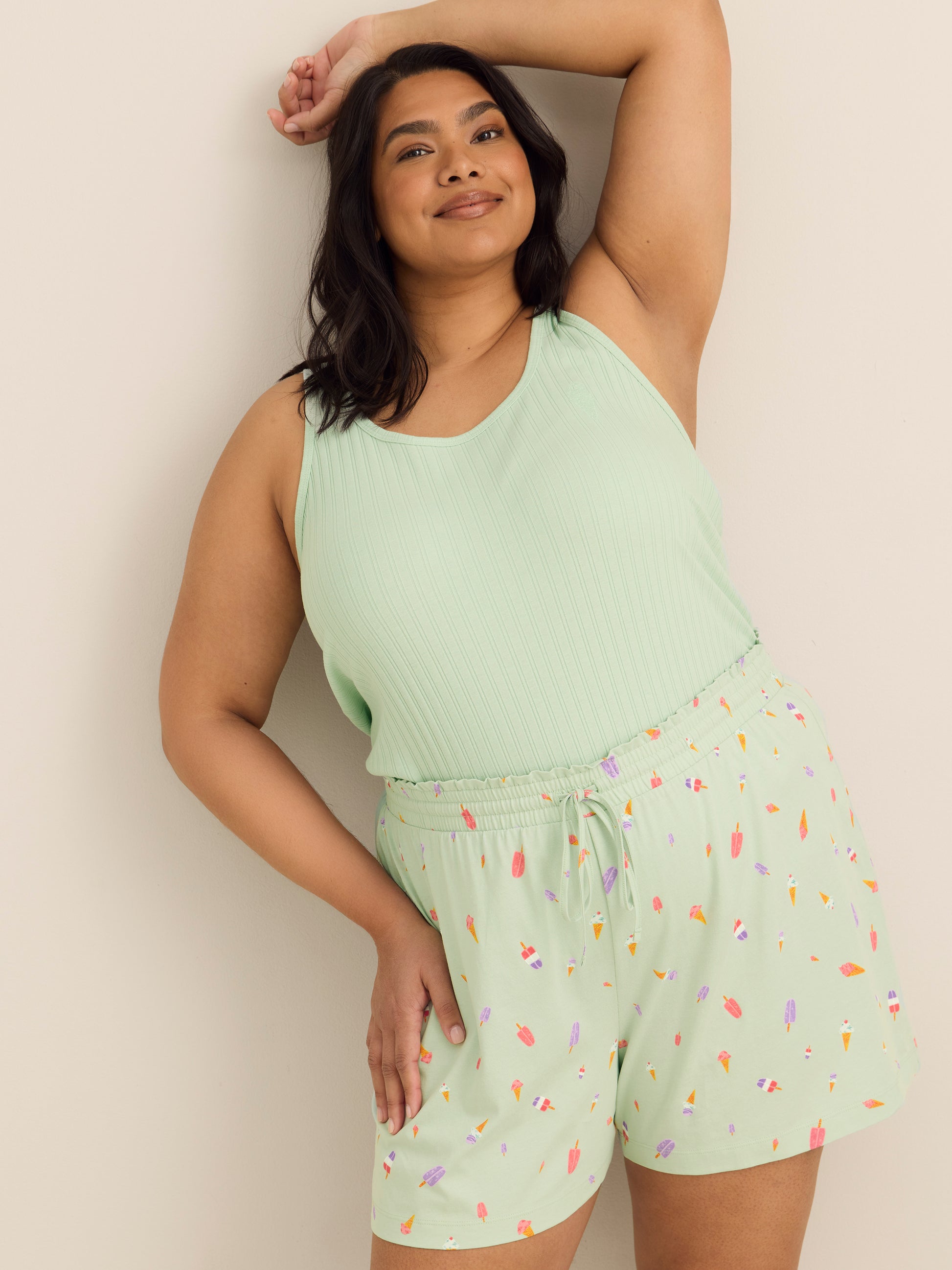 Green Rib Tank Top and Ice Cream-Print Boxer Pyjama Set - ti Voglio