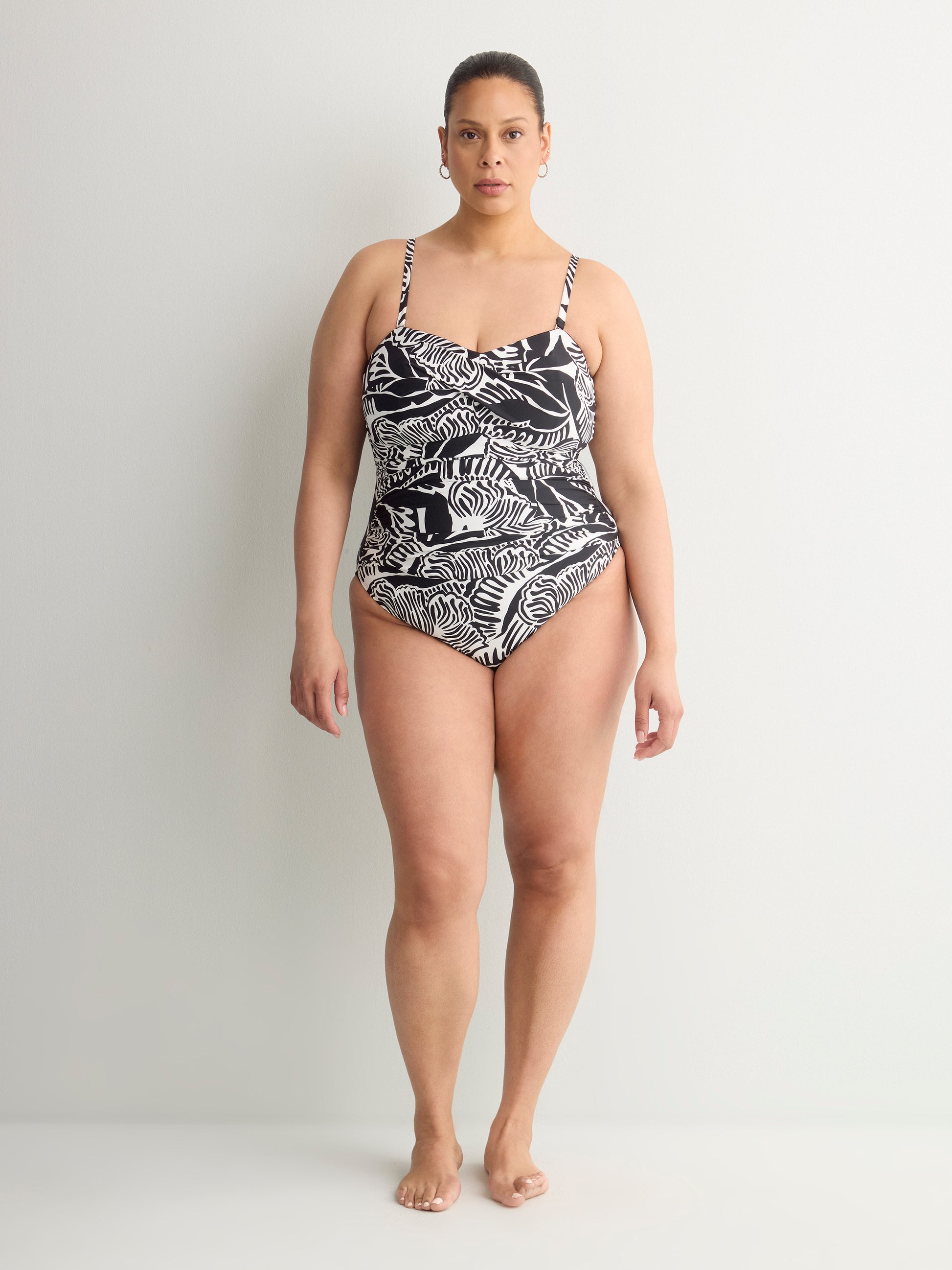 Black Foliage-Print Twisted Bandeau One-Piece Swimsuit