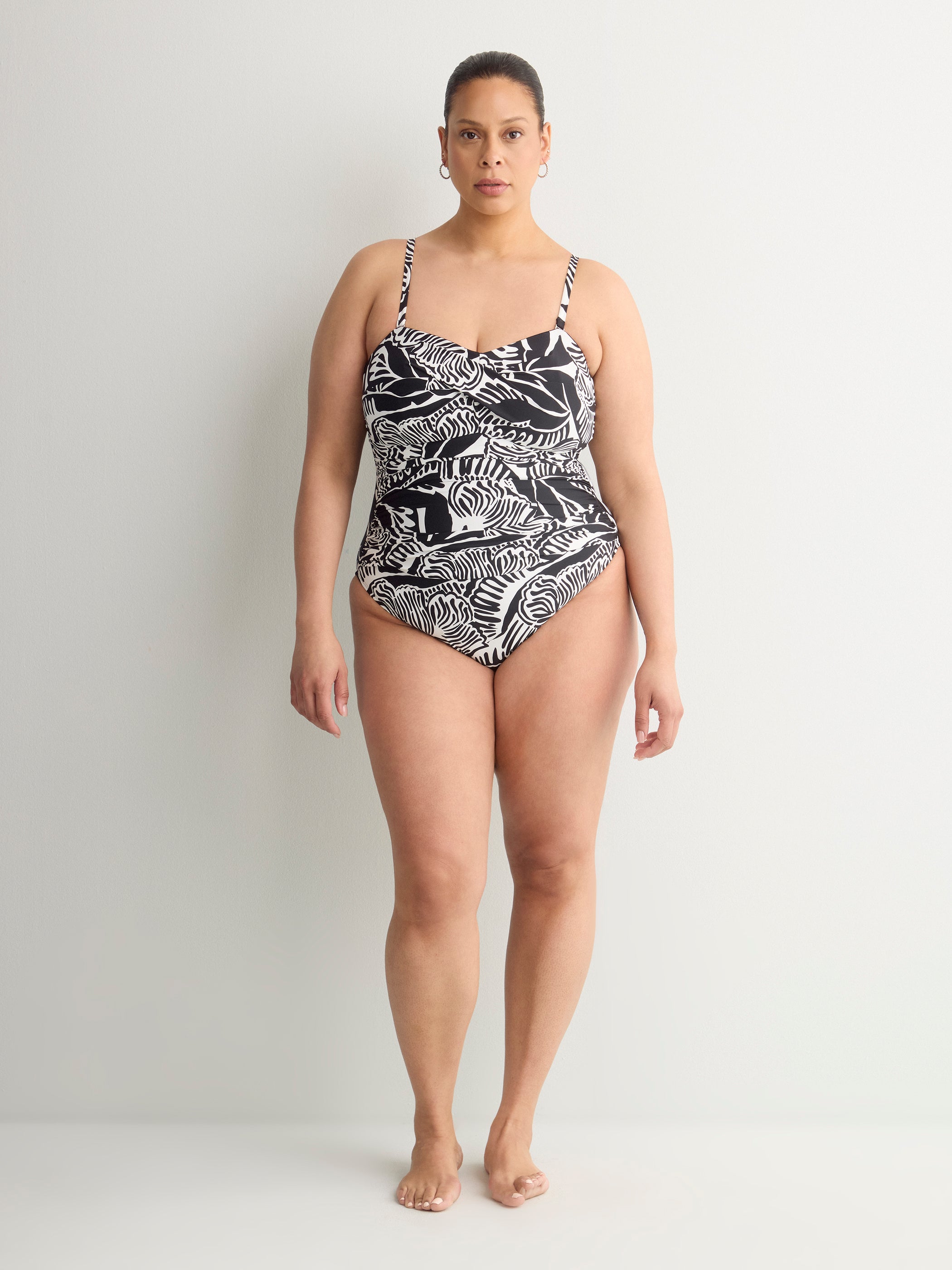 Black Foliage-Print Twisted Bandeau One-Piece Swimsuit