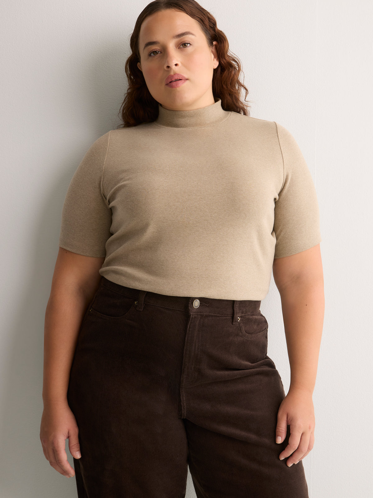 Fitted Mock-Neck Elbow-Sleeve Rib Knit Top