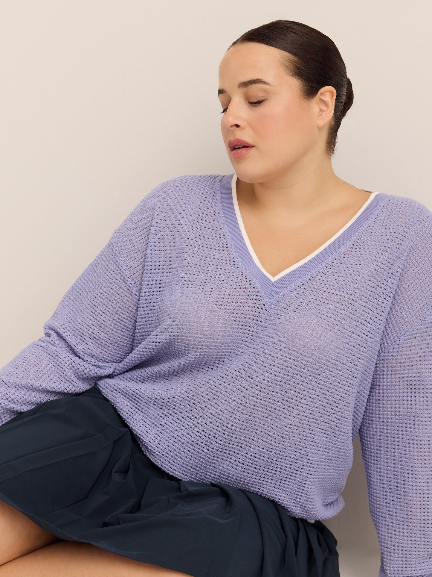 Violet Crochet Waffle Knit V-Neck Pullover - Active Zone