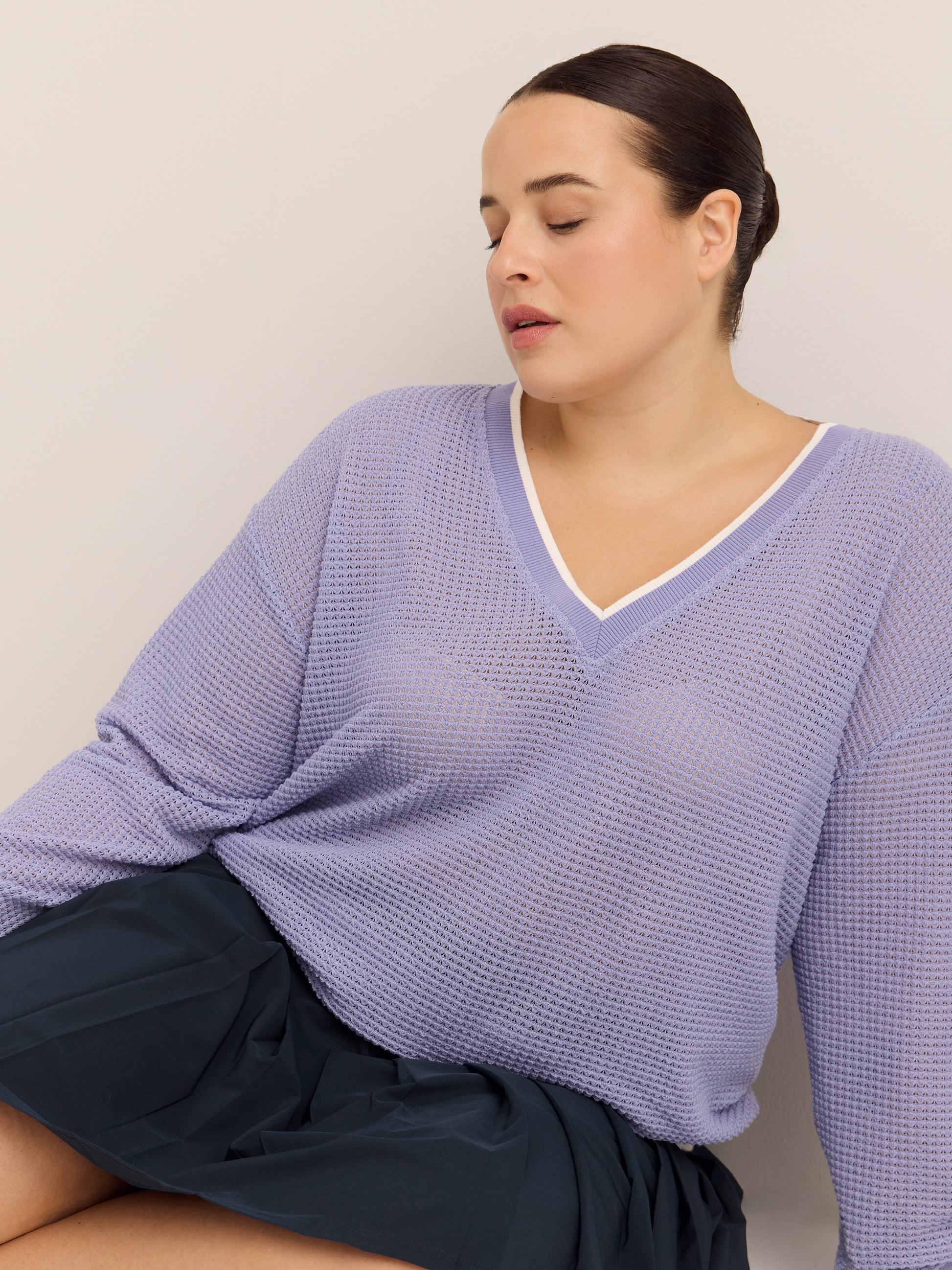 Violet Crochet Waffle Knit V-Neck Pullover - Active Zone