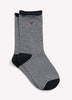Black and White Striped Crew Sock with Rolled Edges and Small Heart