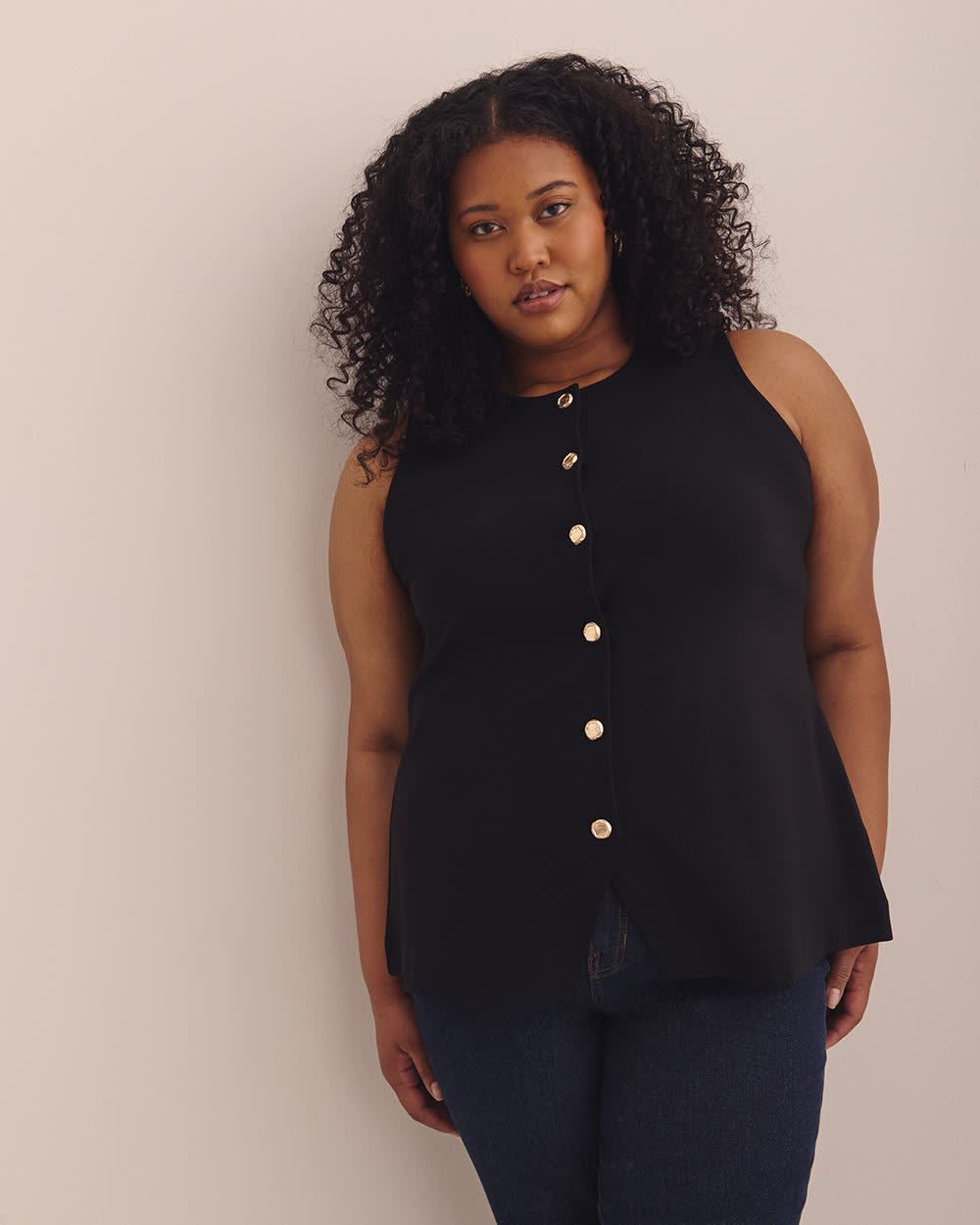 Button-Up Knit Crew Neck Vest