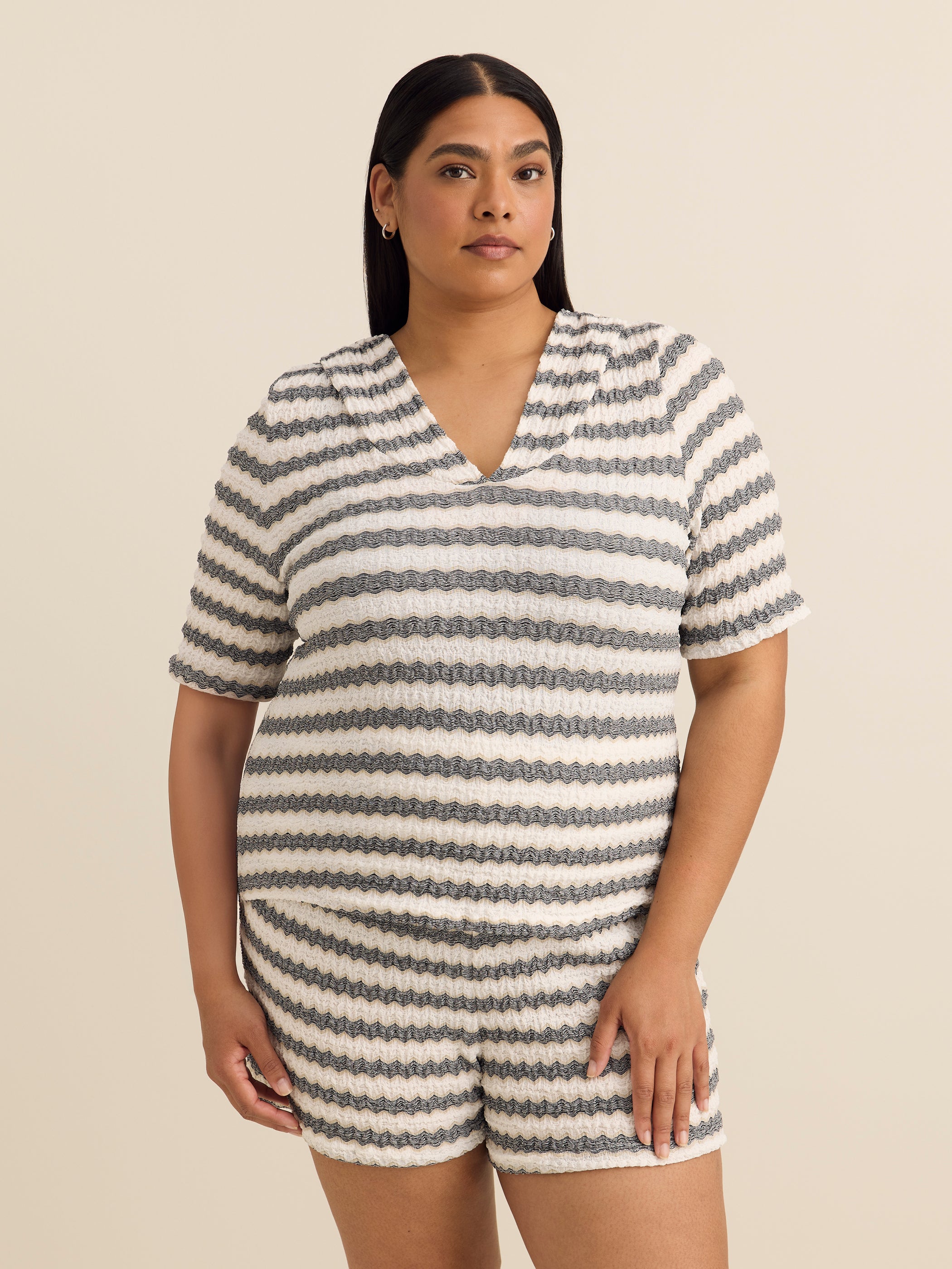 Striped Hooded Short-Sleeve Cover-Up Top - Cover Me