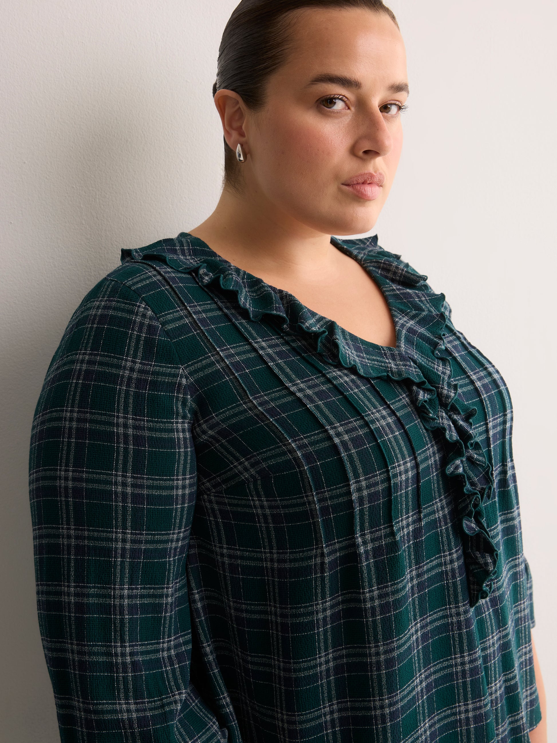 Plaid Ruffled V-Neck Pintuck Swing Blouse