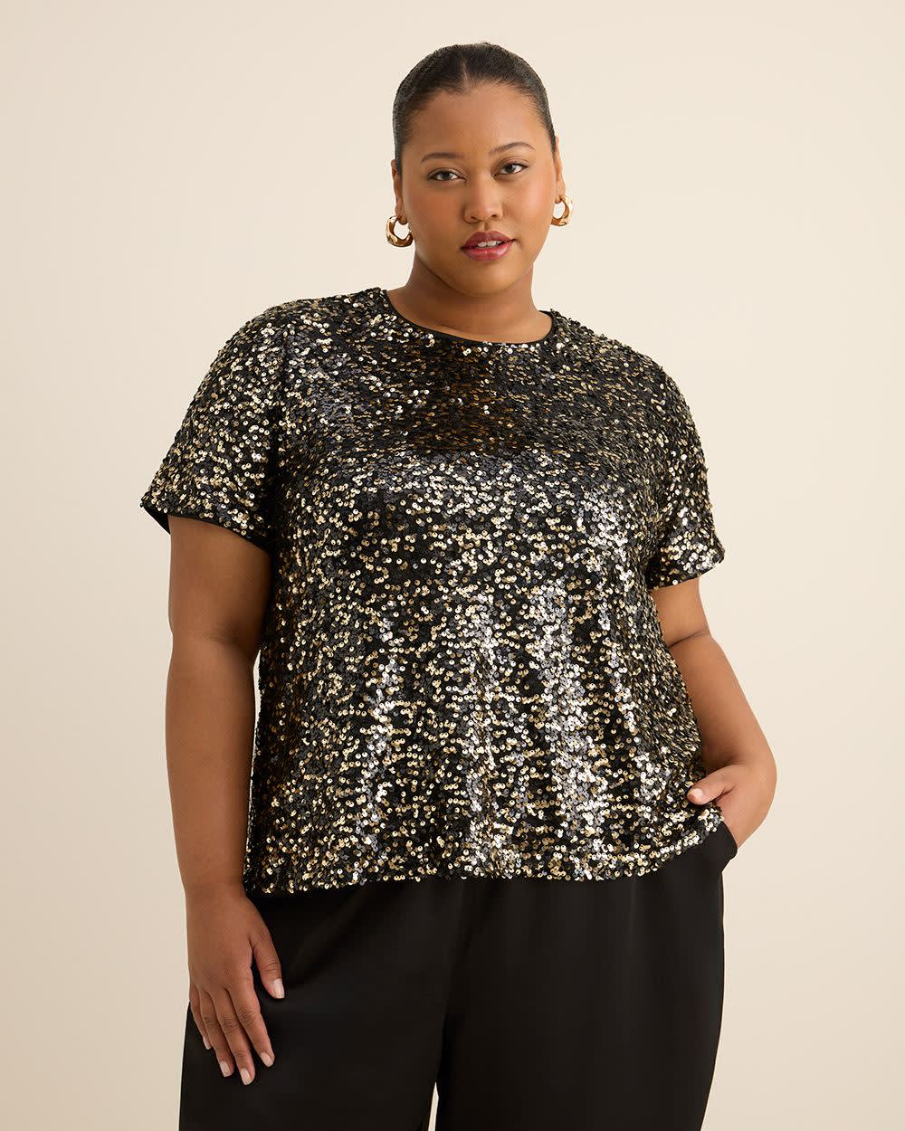 Short-Sleeve Sequins Crewneck Top