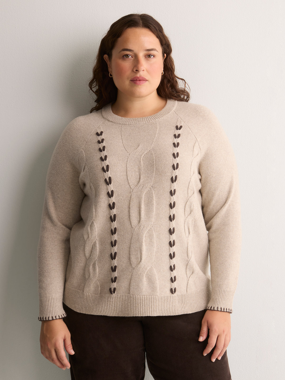 Beige Cable Knit Crew-Neck Sweater